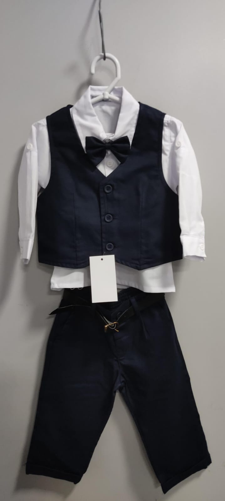 Conjunto Social Pajem Camisa Branca Calça e Colete Azul Escuro