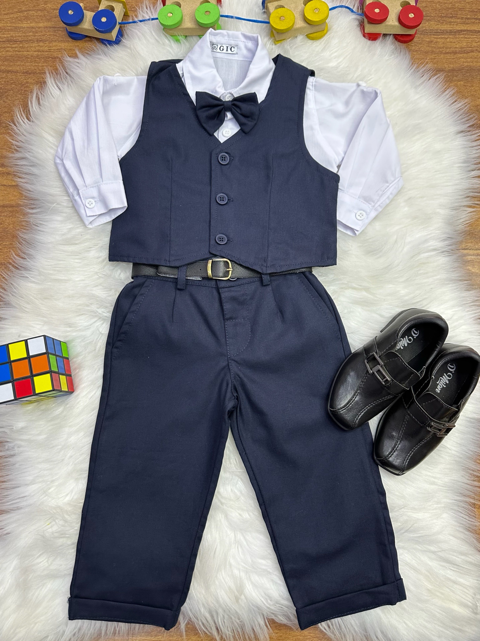 Conjunto Social Pajem Camisa Branca Calça e Colete Azul Escuro