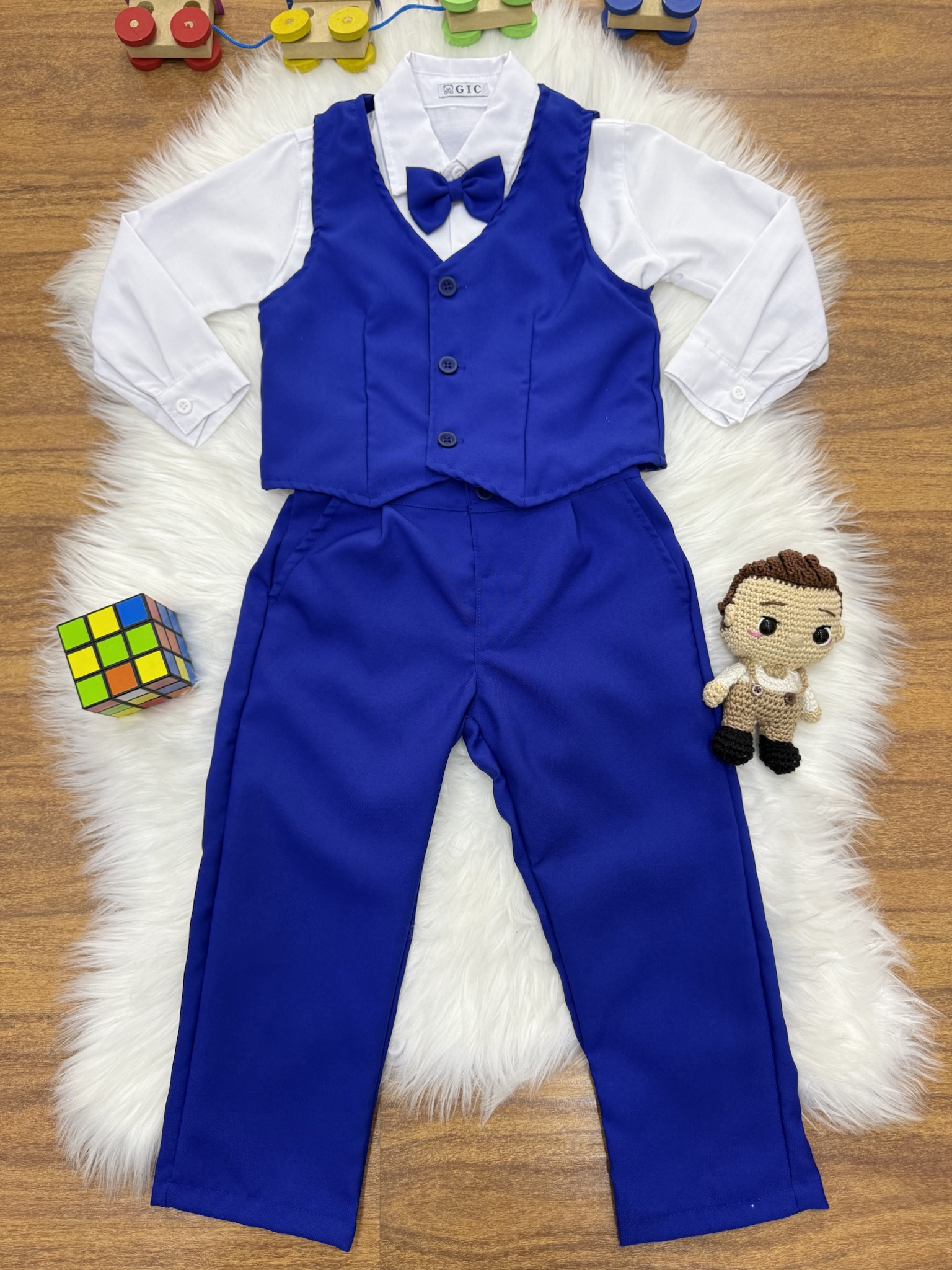 Conjunto Social Pajem Camisa Branca Calça e Colete Azul Royal