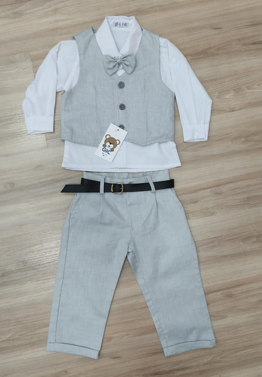 Conjunto Social Pajem Camisa Branca Calça e Colete Cinza Claro