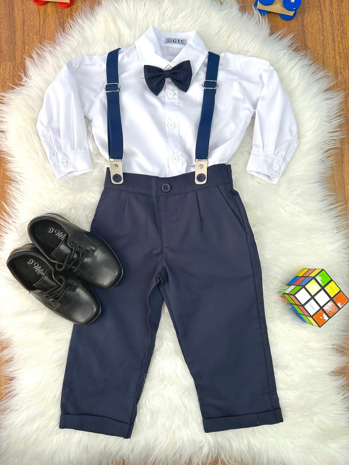 Conjunto Social Pajem Camisa Branca Calça e Susp. Azul Escuro