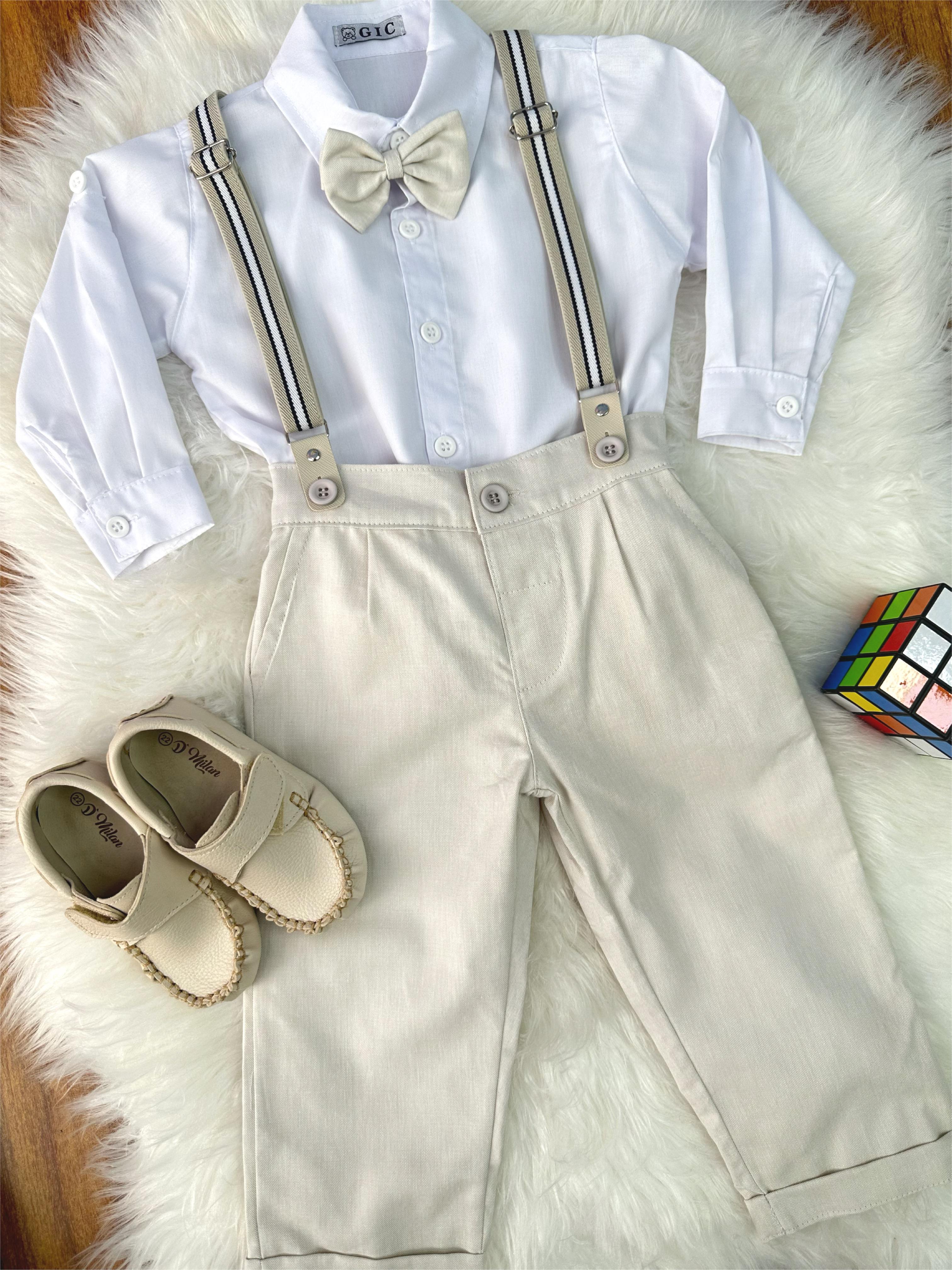 Conjunto Social Pajem Camisa Branca Calça e Susp. Bege