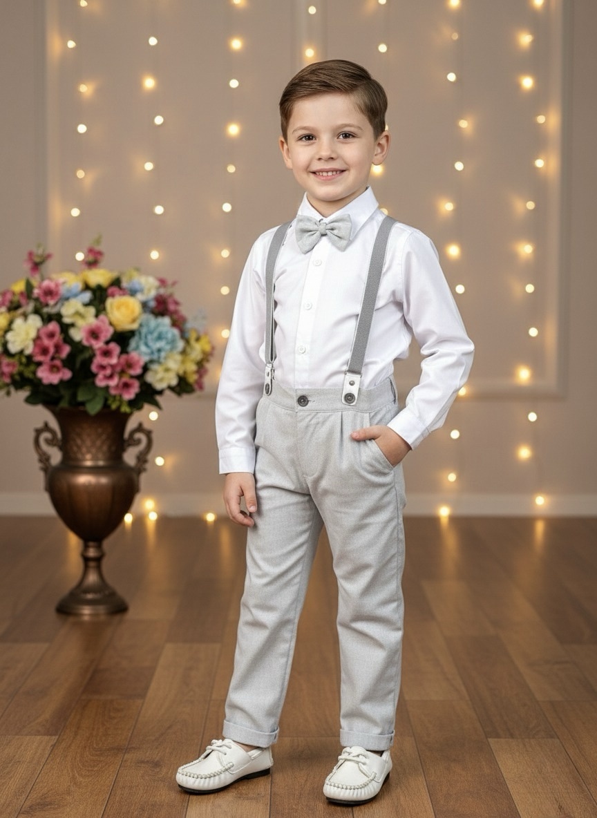 Conjunto Social Pajem Camisa Branca Calça e Susp. Cinza Claro