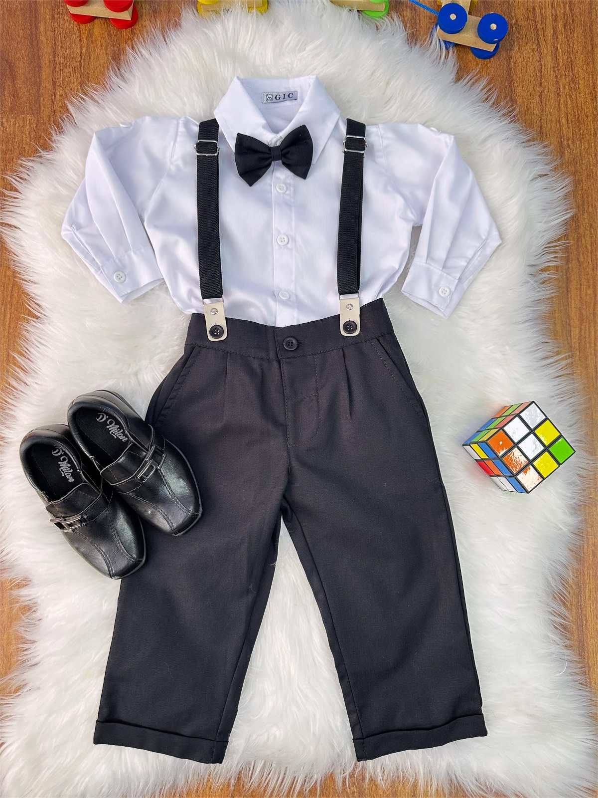 Conjunto Social Pajem Camisa Branca Calça e Susp. Preto