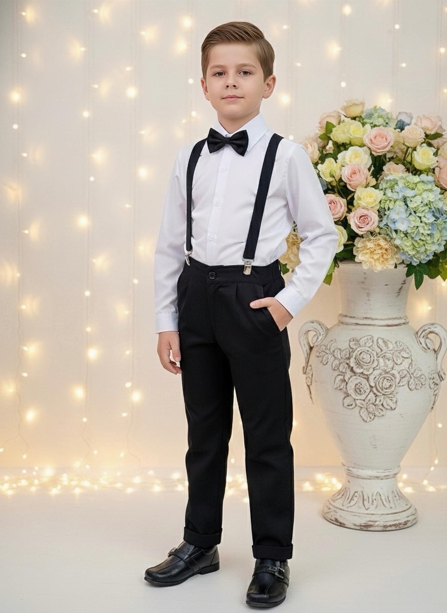 Conjunto Social Pajem Camisa Branca Calça e Susp. Preto