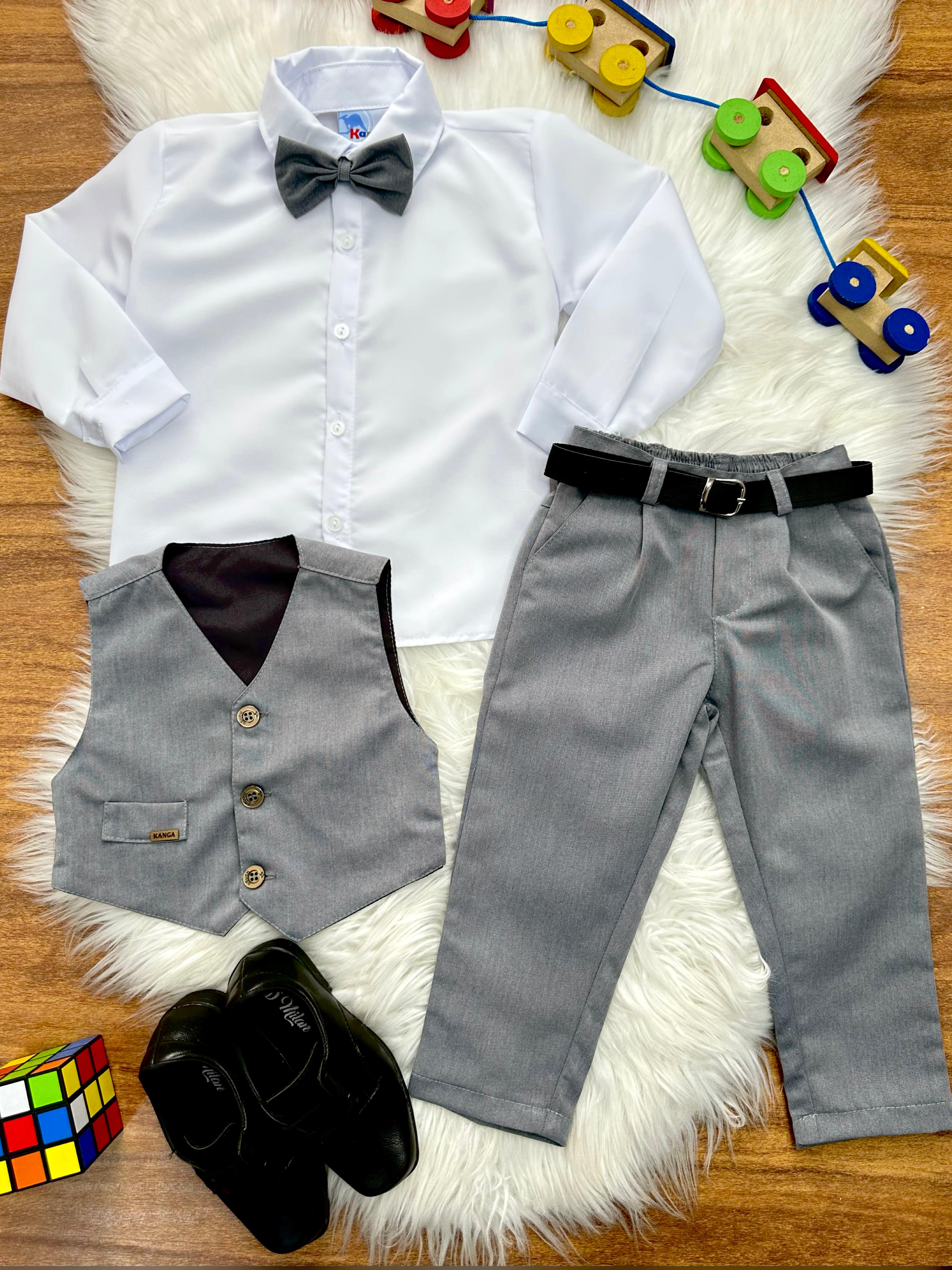 Conjunto Social Pajem Camisa Branca Calça Gravata e Colete Cinza