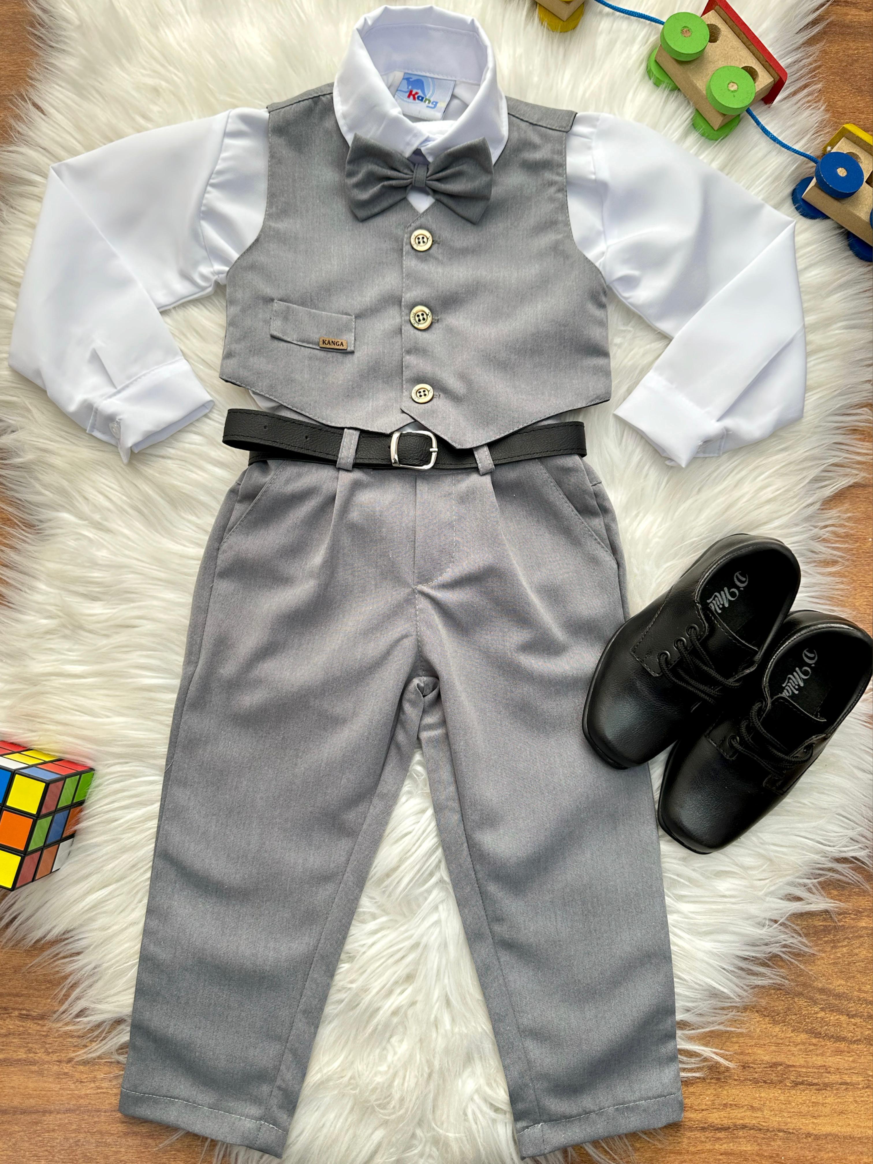 Conjunto Social Pajem Camisa Branca Calça Gravata e Colete Cinza