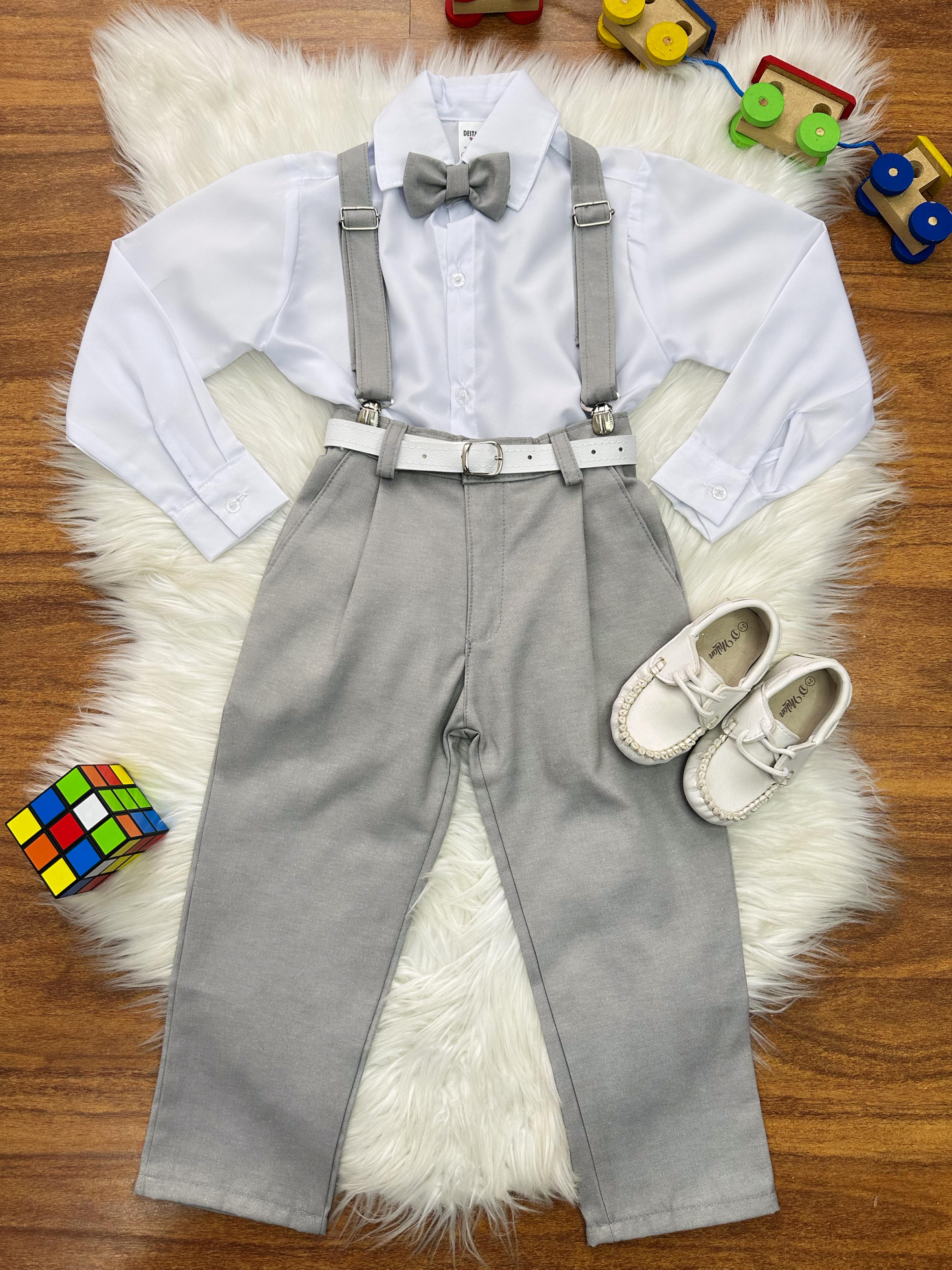 Conjunto Social Pajem Camisa Branca Calça Gravata e Susp. Cinza