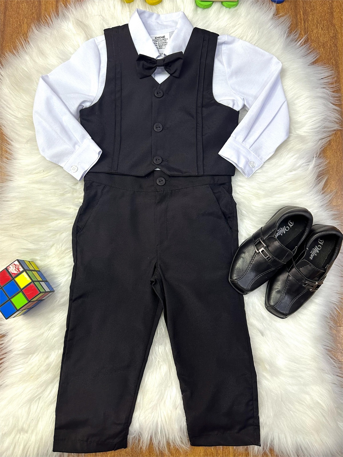 Conjunto Social Pajem Camisa Branca com Calça e Colete Preto