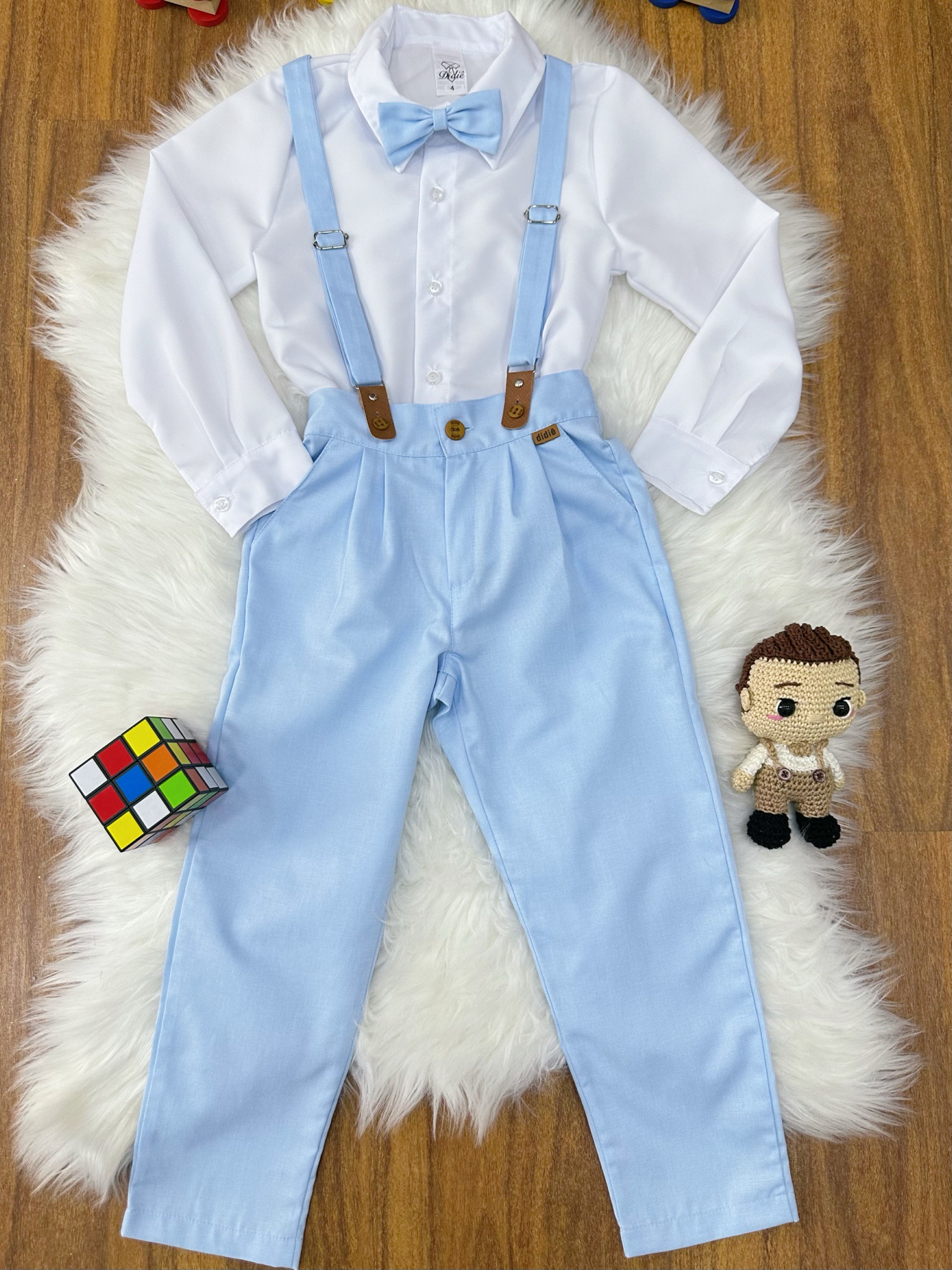 Conjunto Social Pajem Camisa Branca com Calça e Susp. Azul