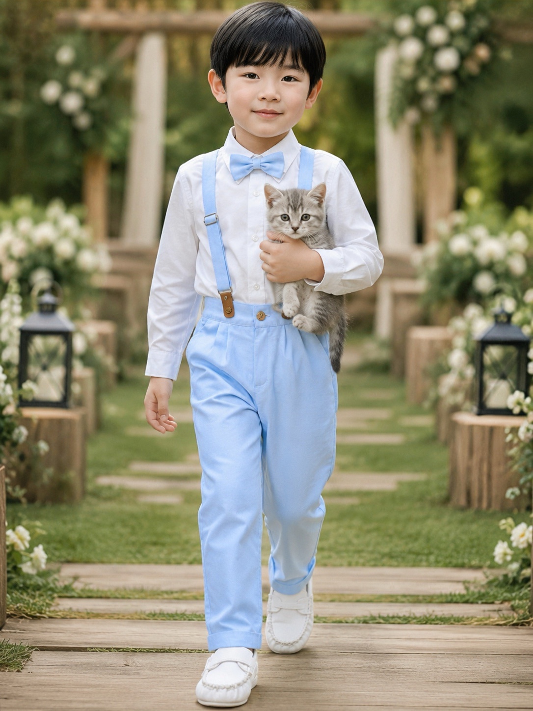 Conjunto Social Pajem Camisa Branca com Calça e Susp. Azul