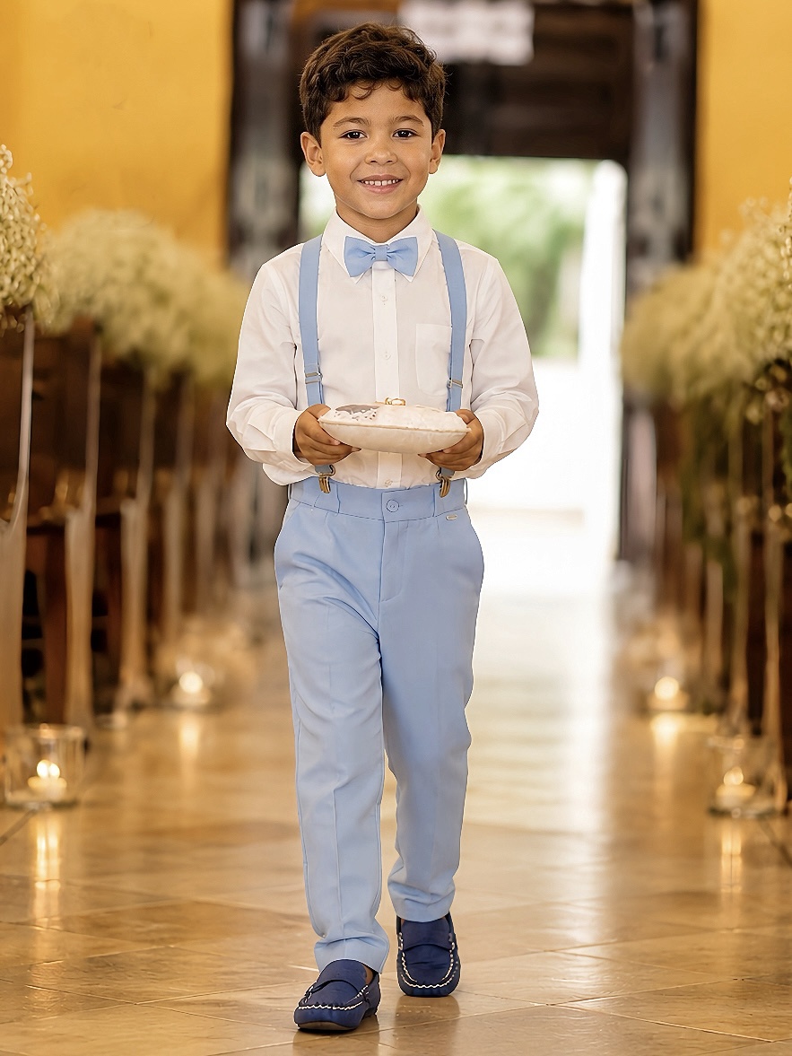 Conjunto Social Pajem Camisa Branca com Calça e Susp. Azul Bebê