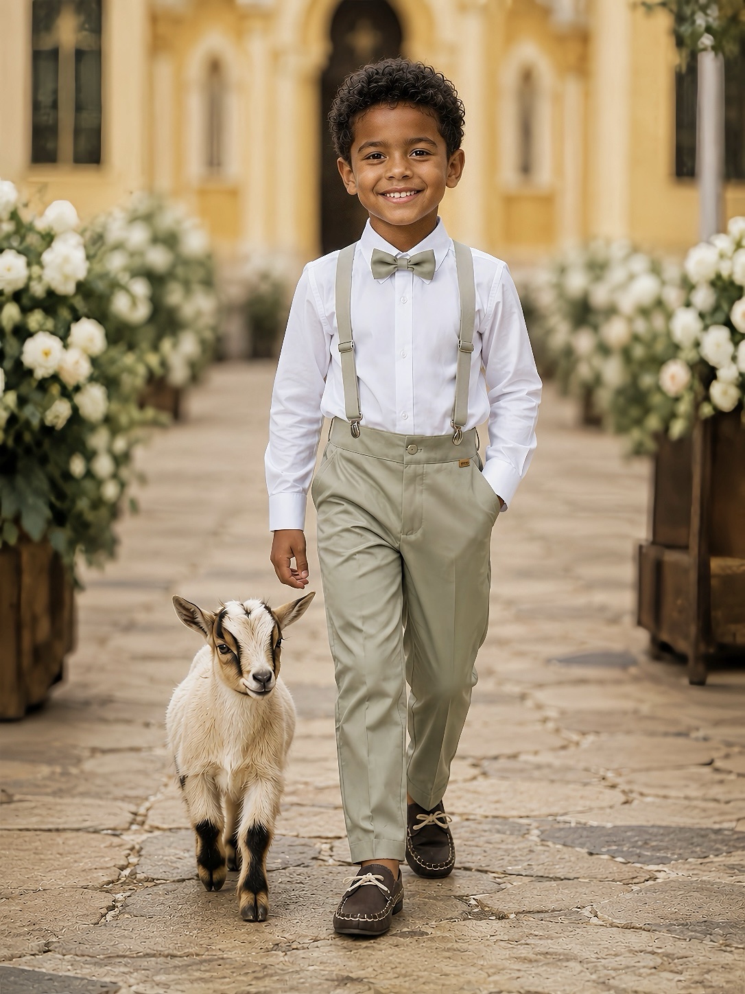 Conjunto Social Pajem Camisa Branca com Calça e Susp.Bege