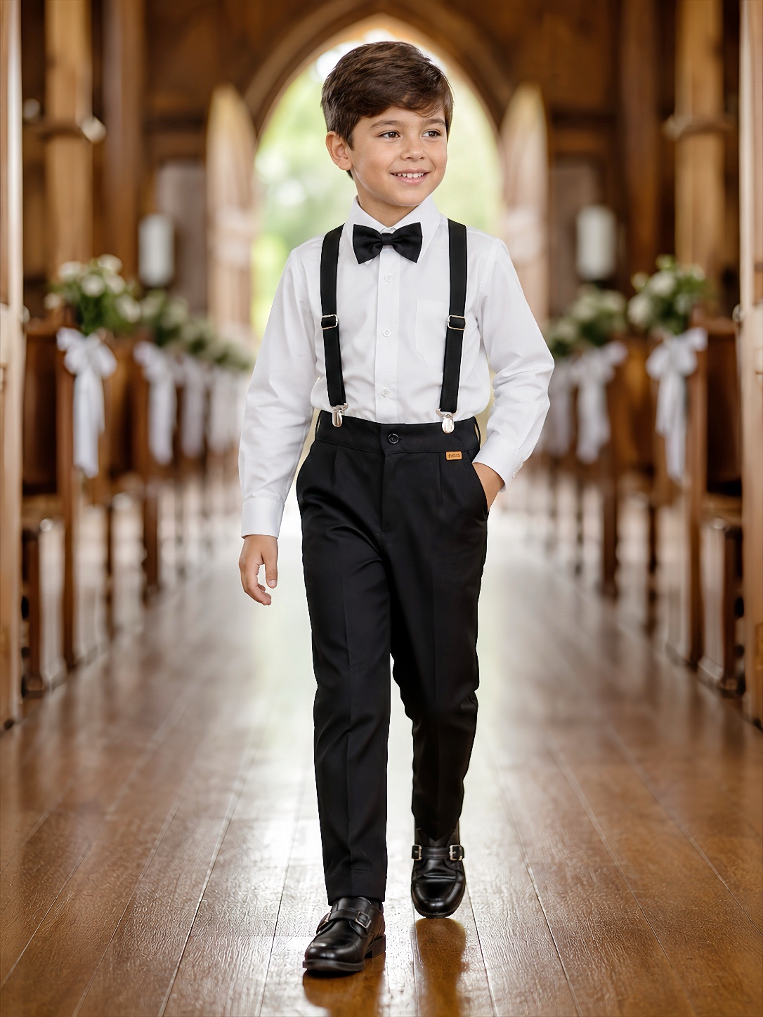 Conjunto Social Pajem Camisa Branca com Calça e Susp. Preto