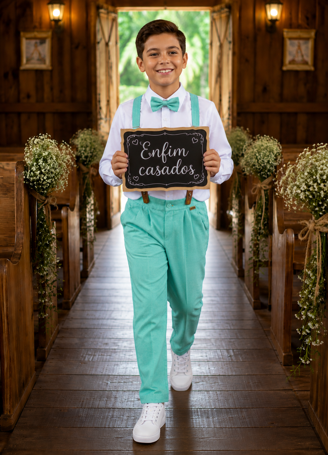 Conjunto Social Pajem Camisa Branca com Calça e Susp. Verde