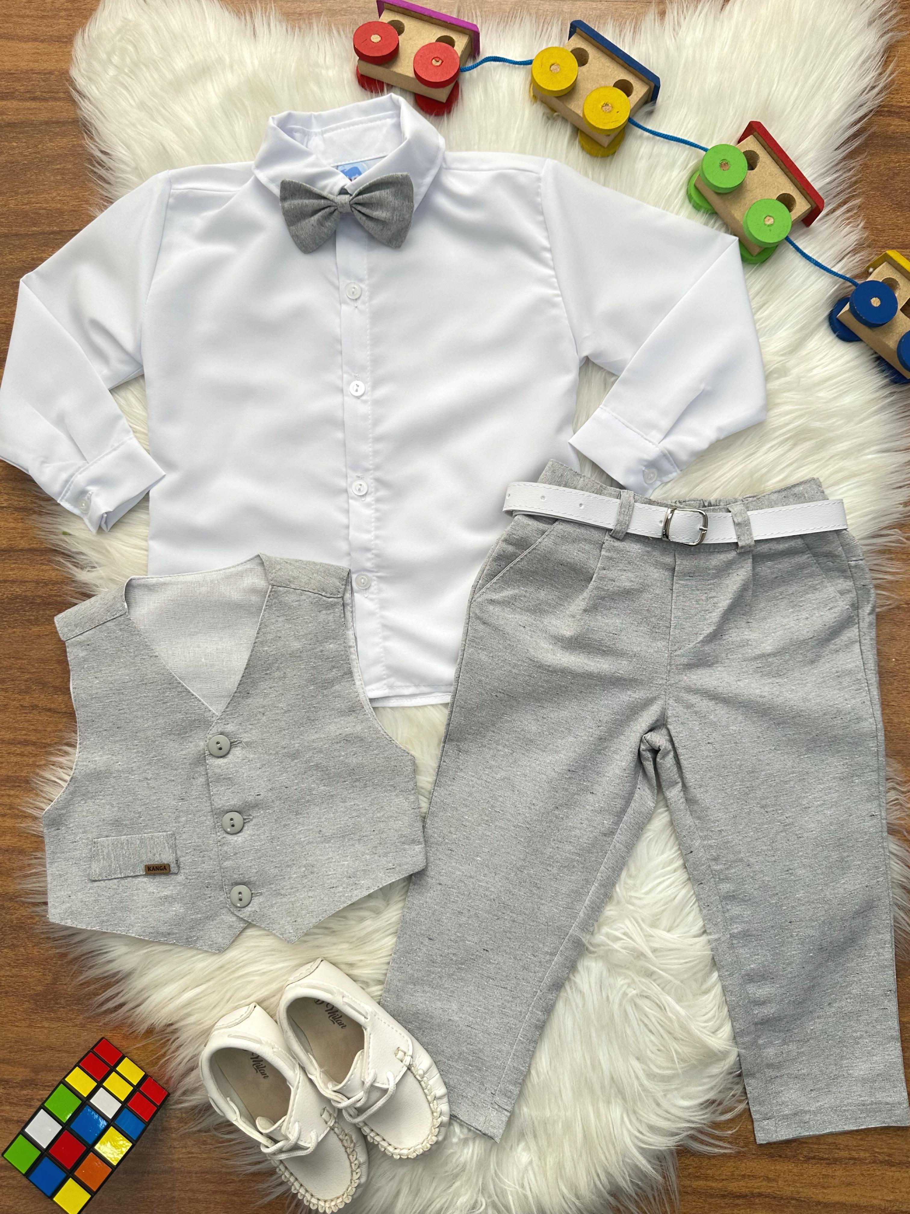 Conjunto Social Pajem Camisa Branca Gravata Calça e Colete Cinza