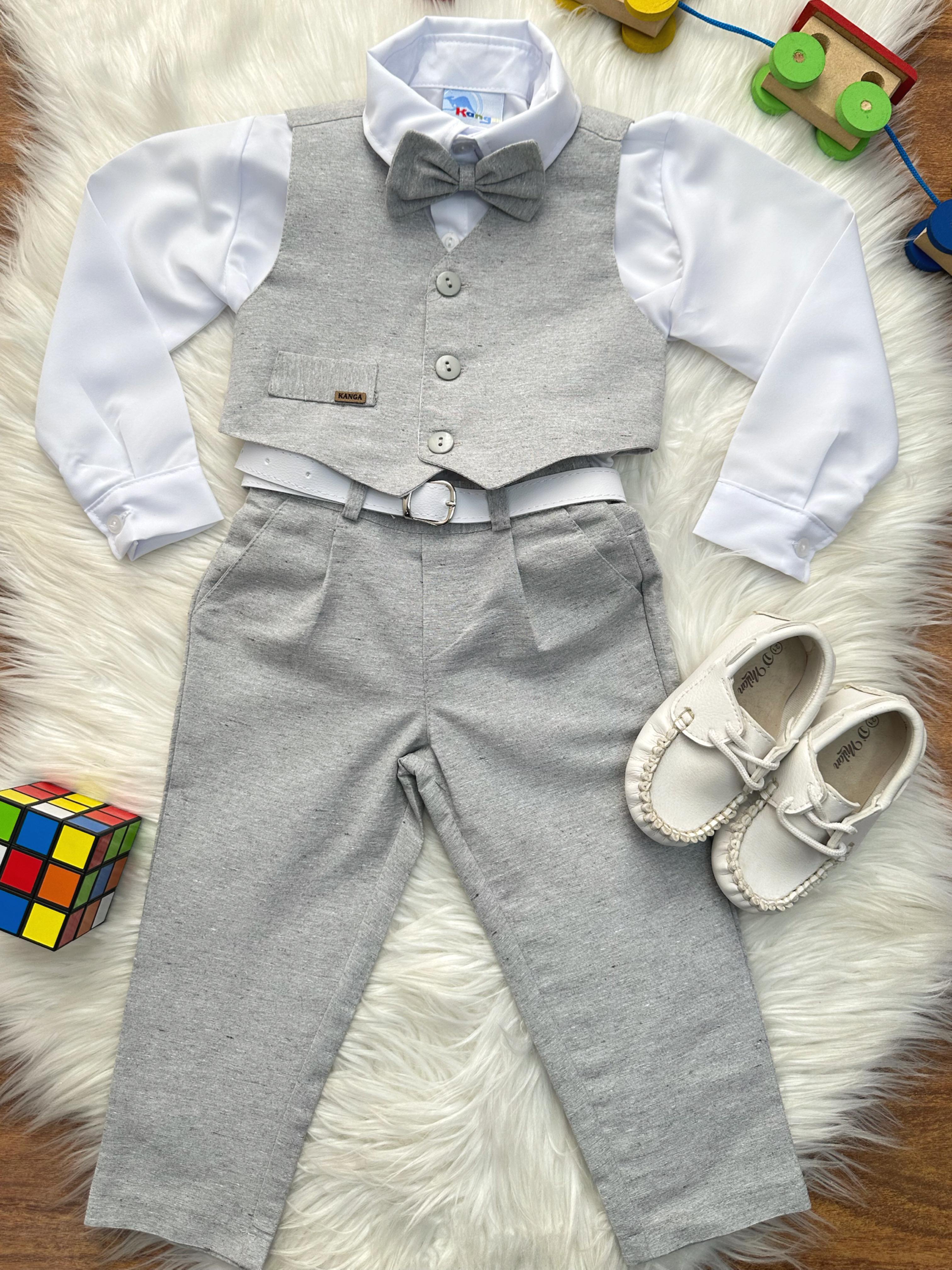 Conjunto Social Pajem Camisa Branca Gravata Calça e Colete Cinza