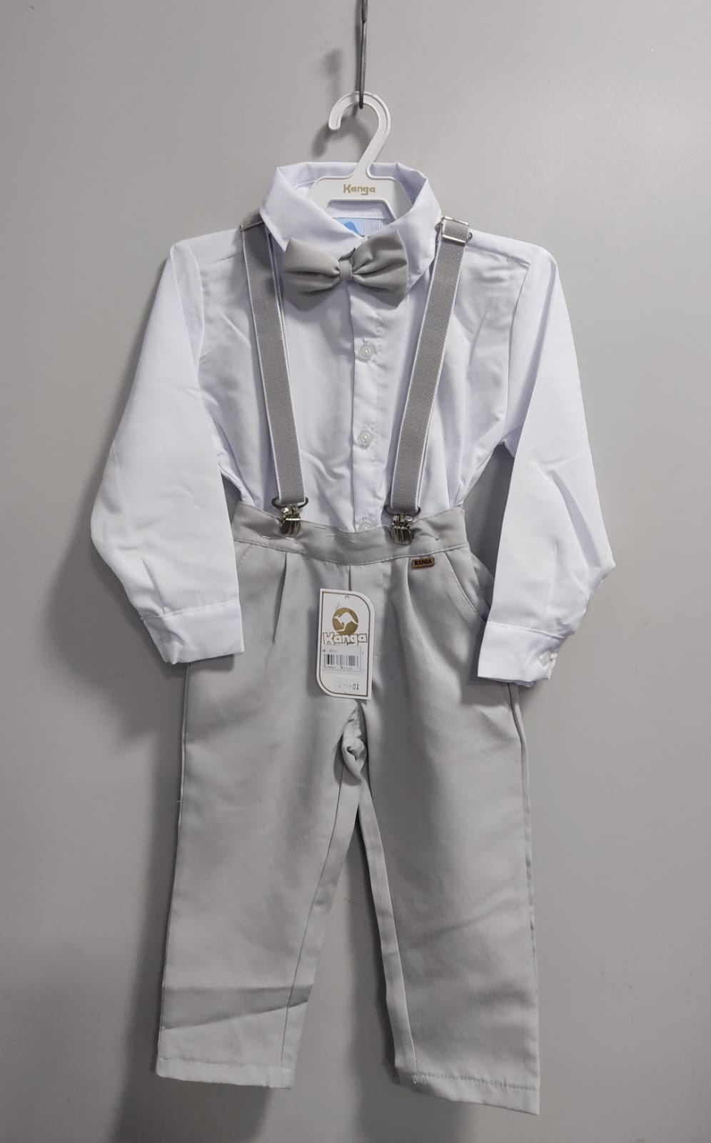 Conjunto Social Pajem Camisa Branco Calça Gravata Susp. Cinza