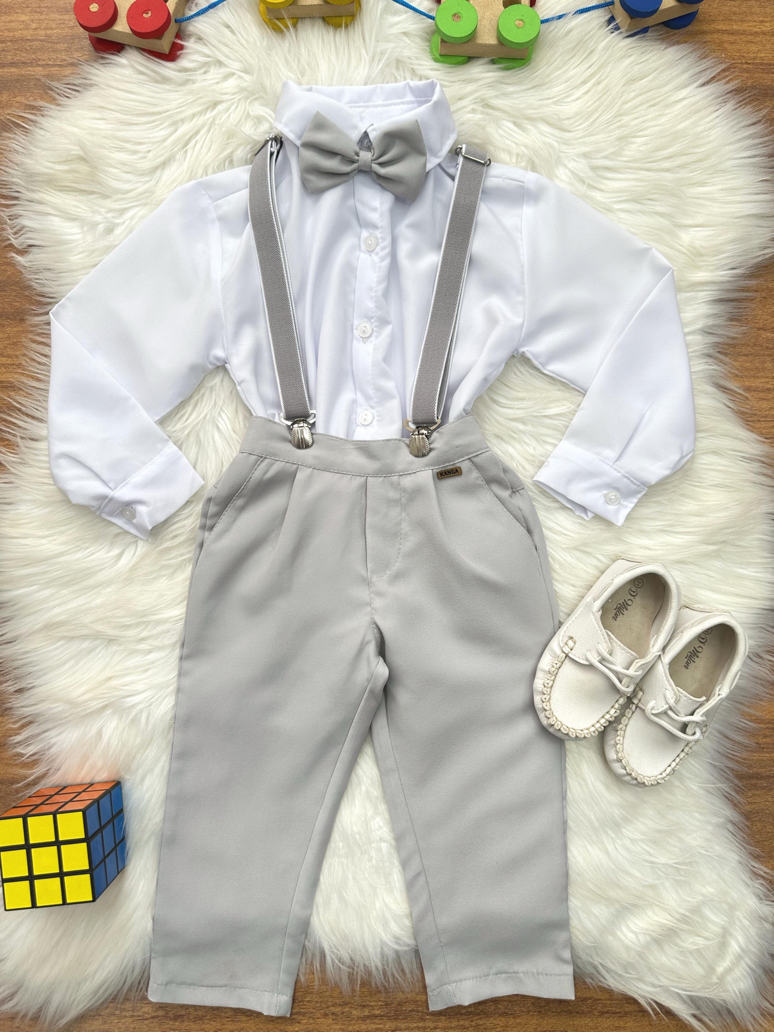 Conjunto Social Pajem Camisa Branco Calça Gravata Susp. Cinza