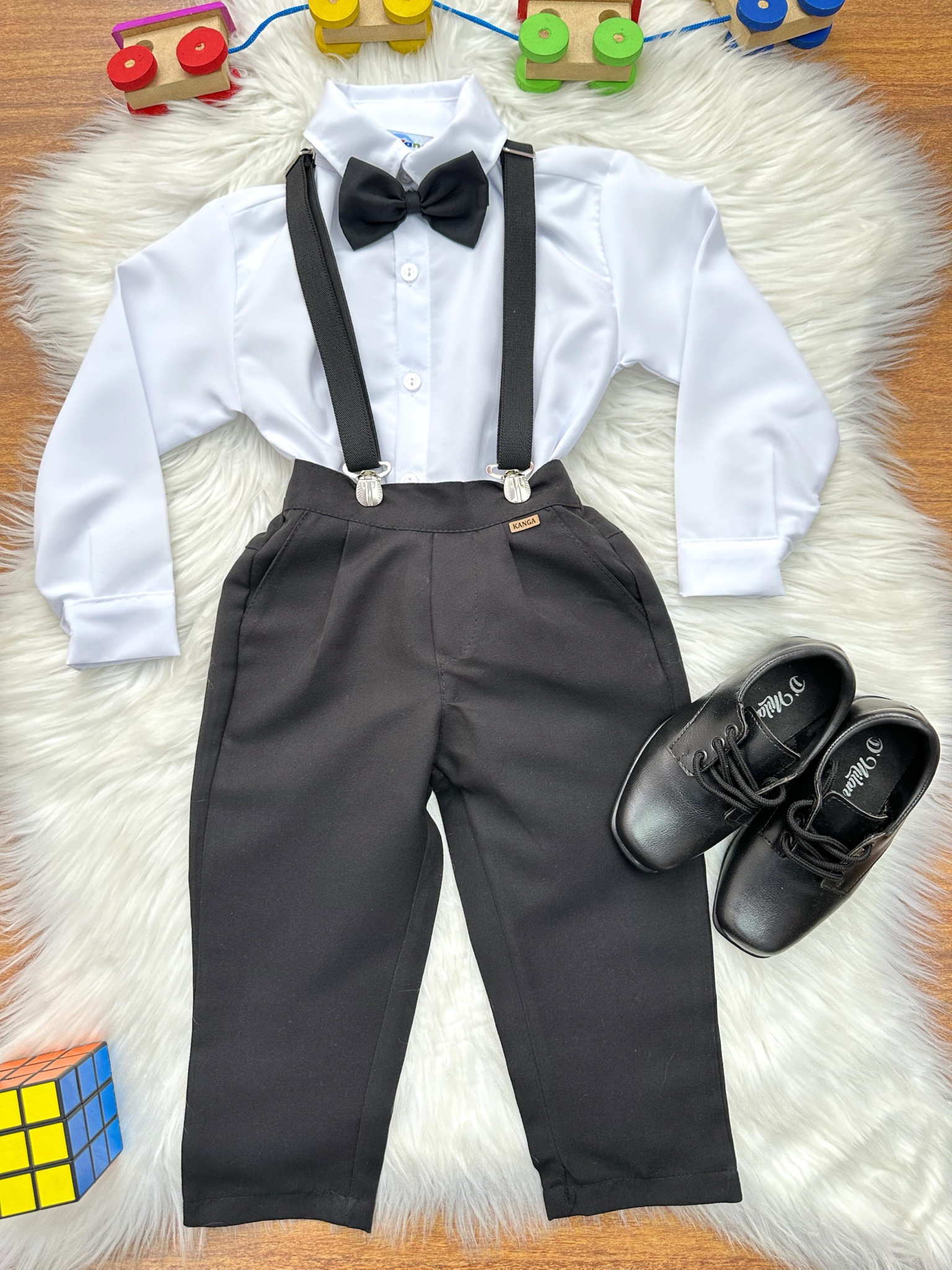 Conjunto Social Pajem Camisa Branco Calça Gravata Susp. Preto