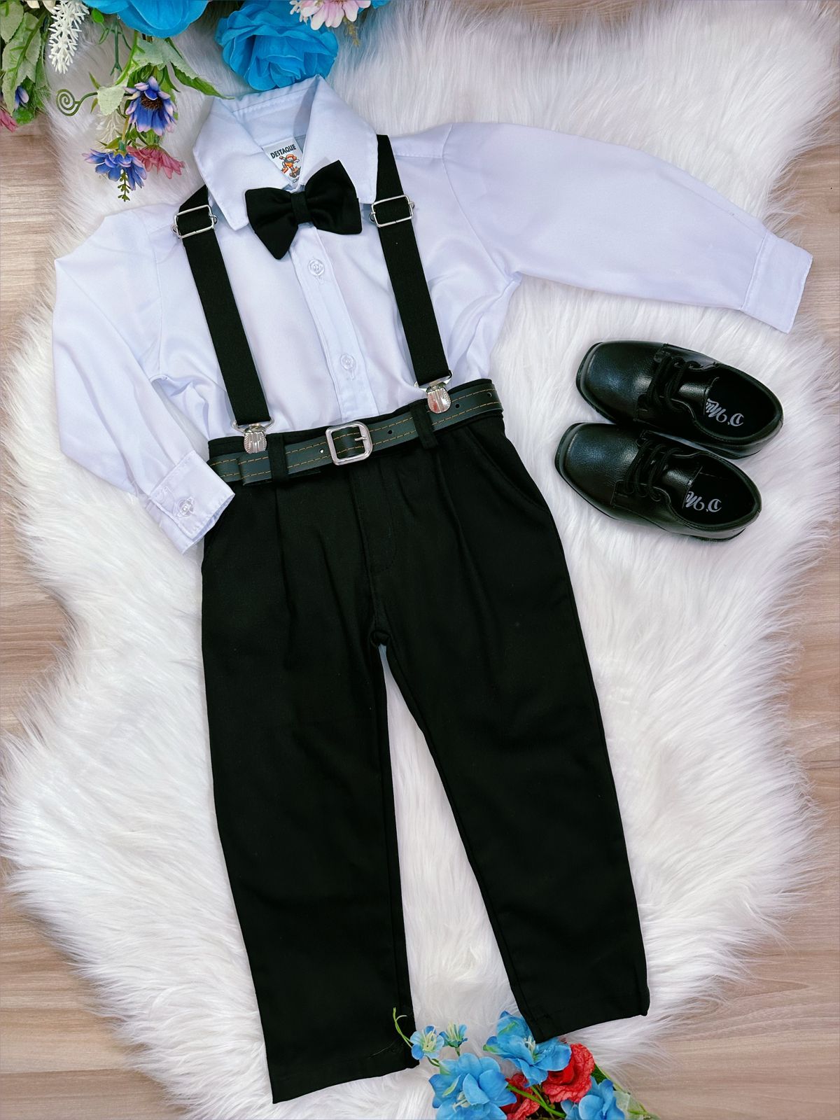Conjunto Social Pajem Camisa Calça Gravata e Susp. Preto