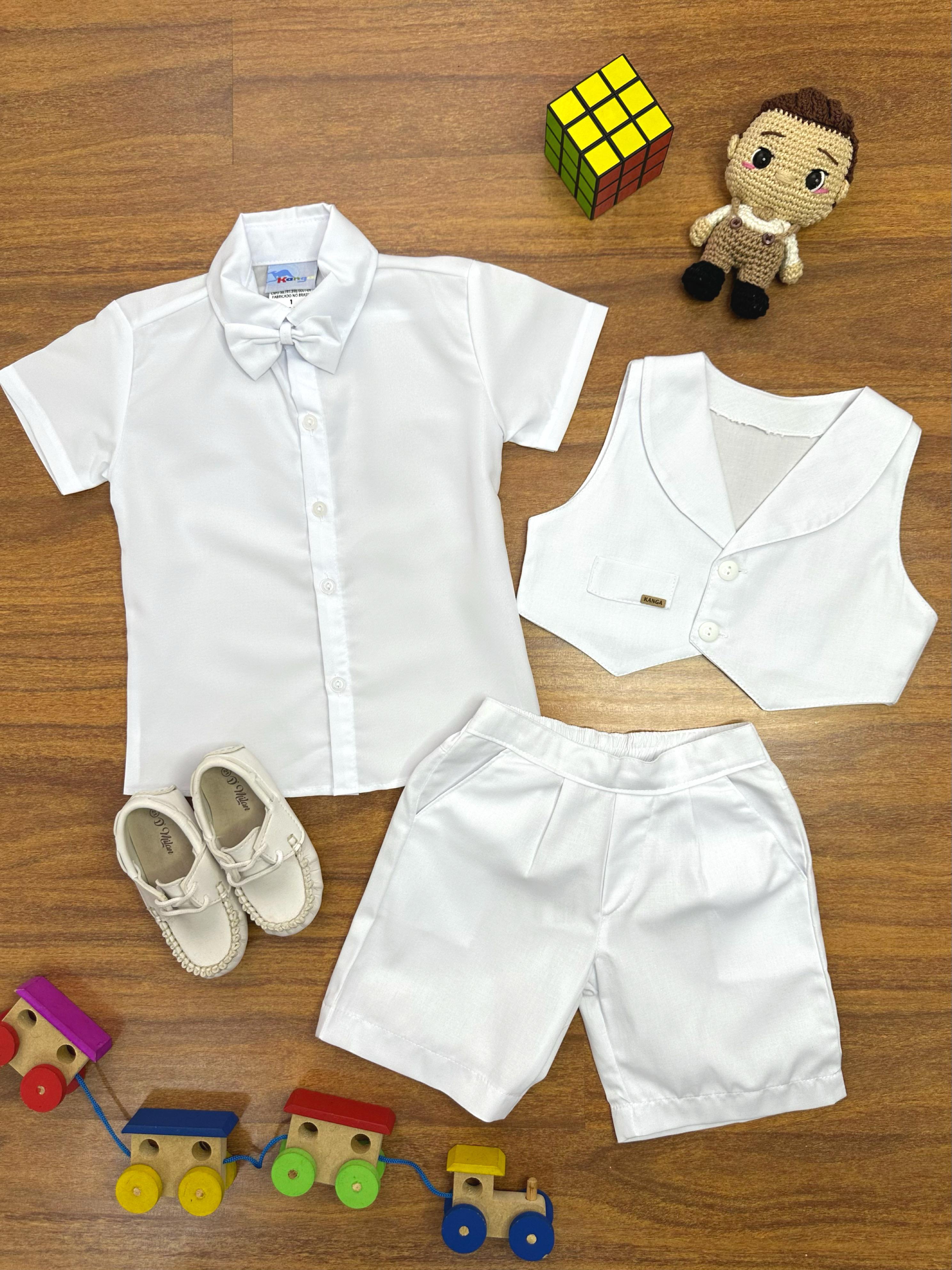 Conjunto Social Short Camisa Colete Gravata Suspensório Branco