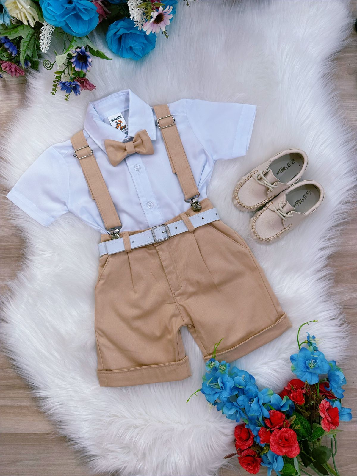 Conjunto Abolai Para Bebê Menino - Shorts Com Suspensórios E Gravata Borboleta Branca