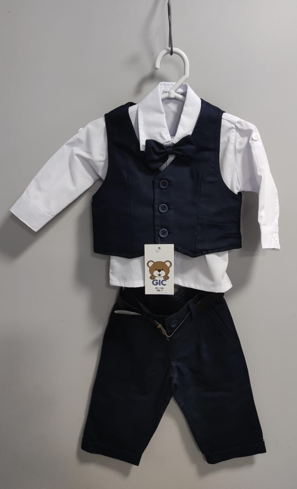 Conjunto Social Bebê Calça Colete Azul Escuro e Camisa Branca