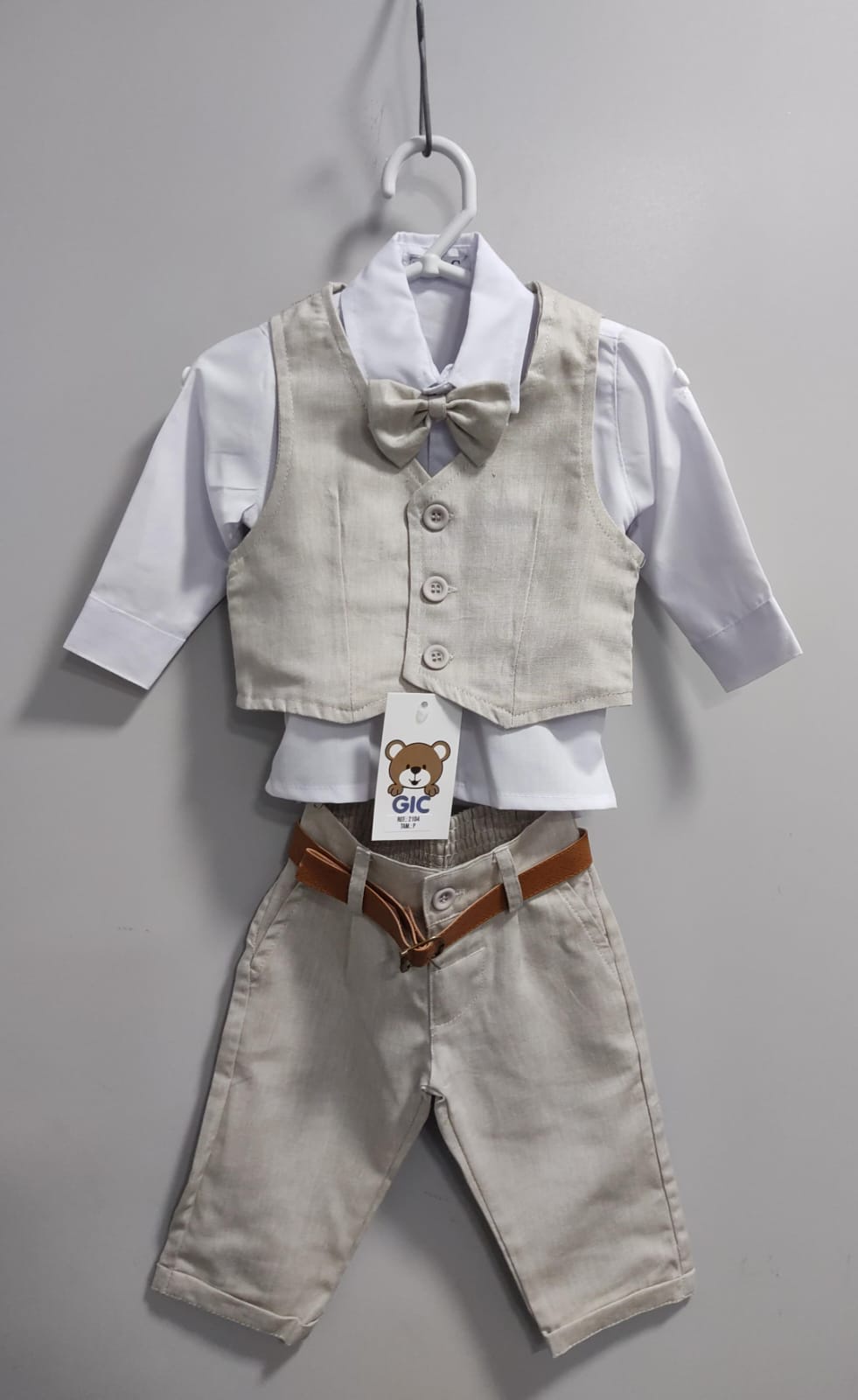 Conjunto Social Bebê Calça Colete Bege e Camisa Branca
