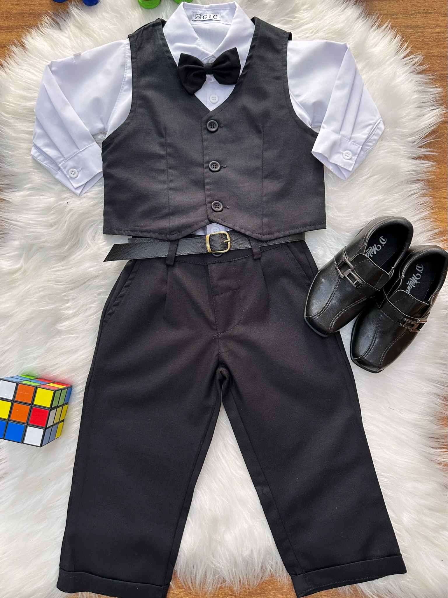 Conjunto Social Bebê Calça Colete Preto e Camisa Branca