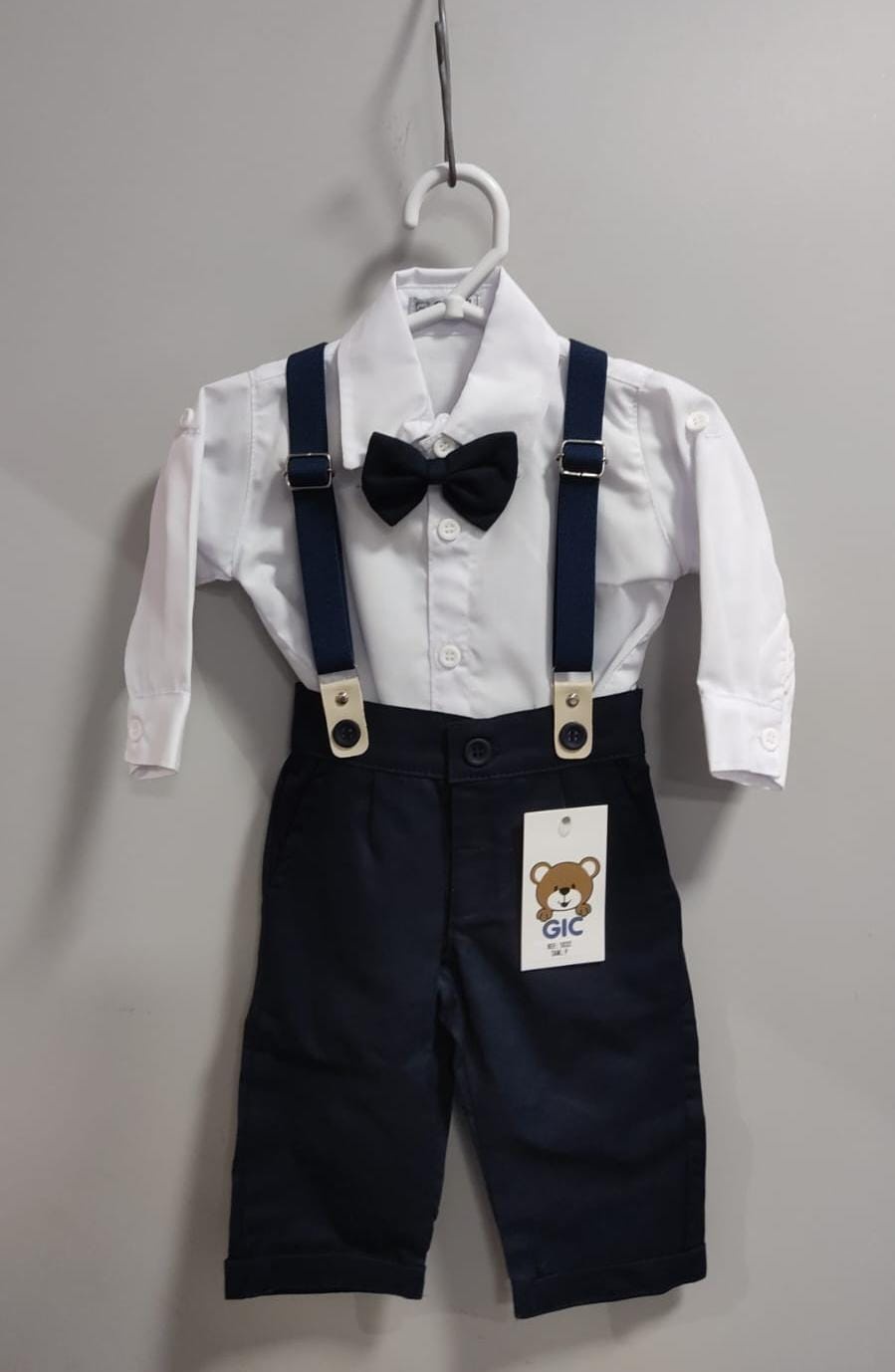 Conjunto Social Bebê Calça Susp. Azul Escuro e Camisa Branca