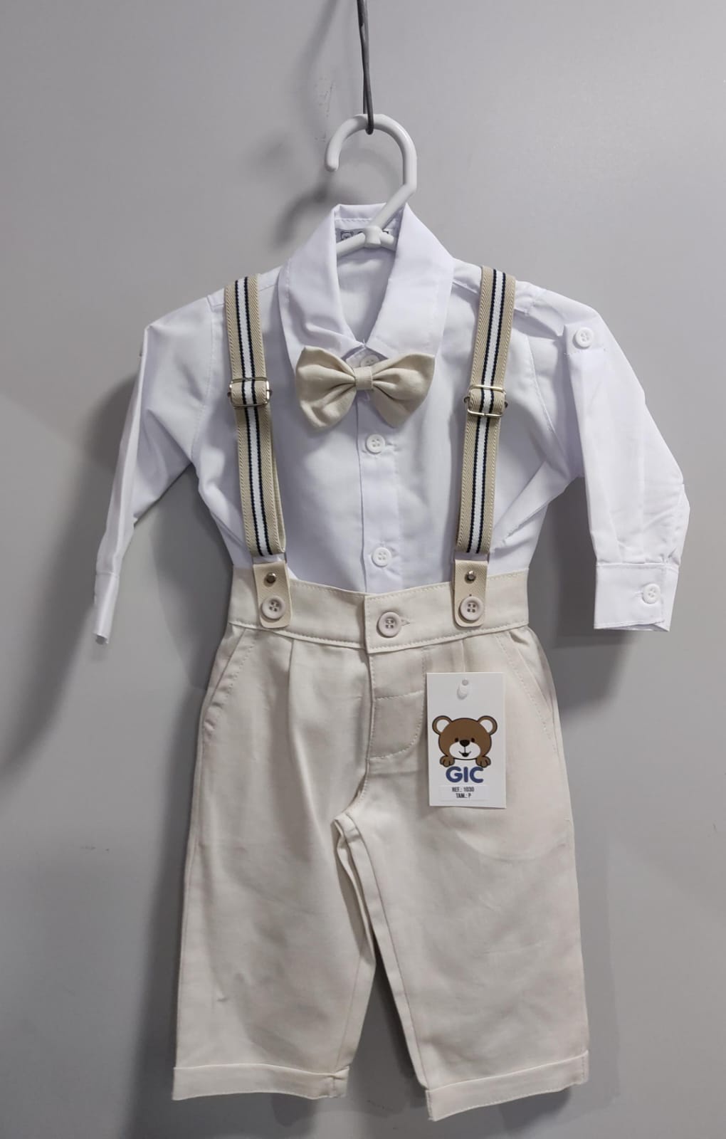 Conjunto Social Bebê Calça Susp.Bege e Camisa Branca