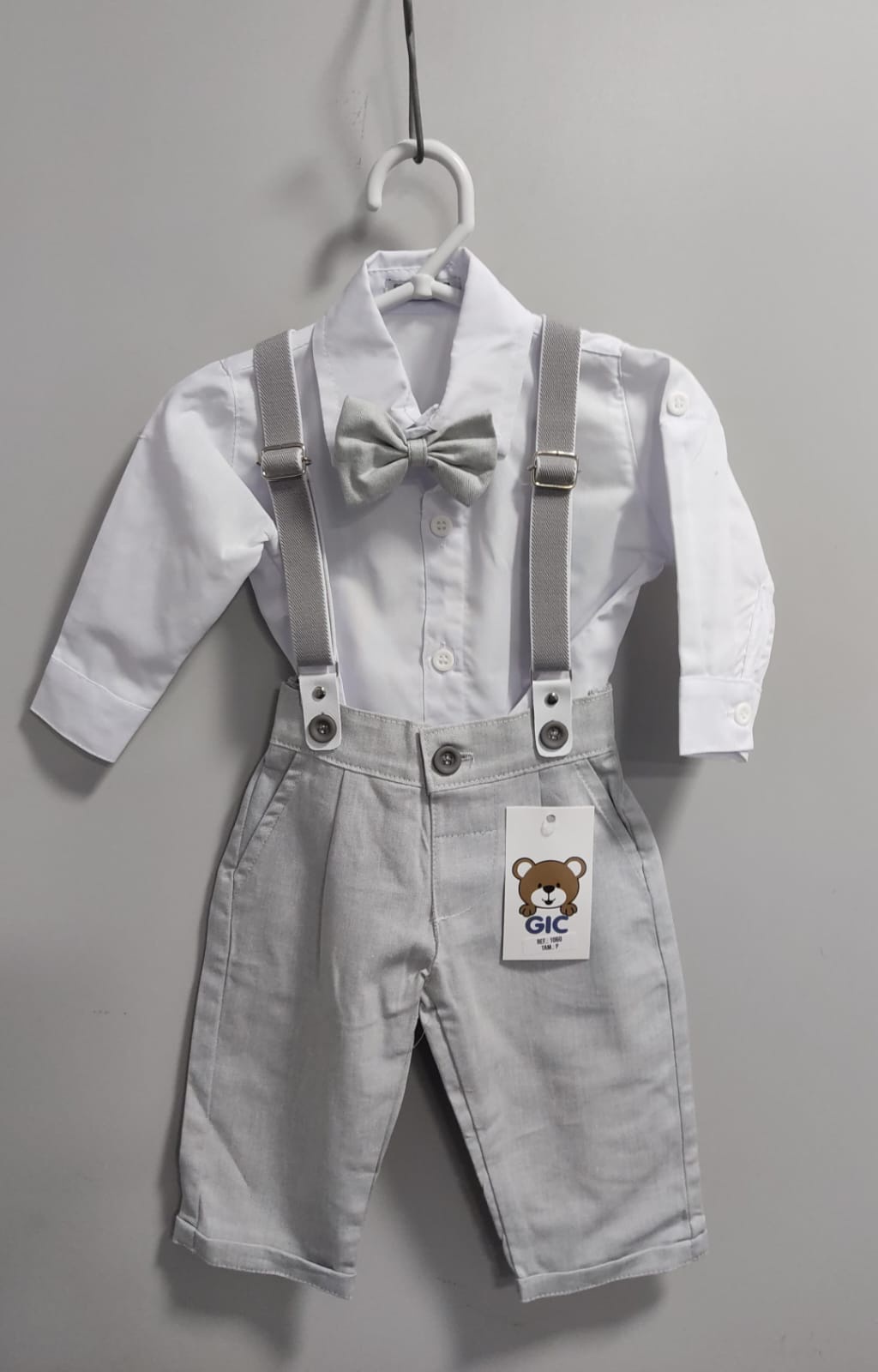 Conjunto Social Bebê Calça Susp. Cinza Claro e Camisa Branca