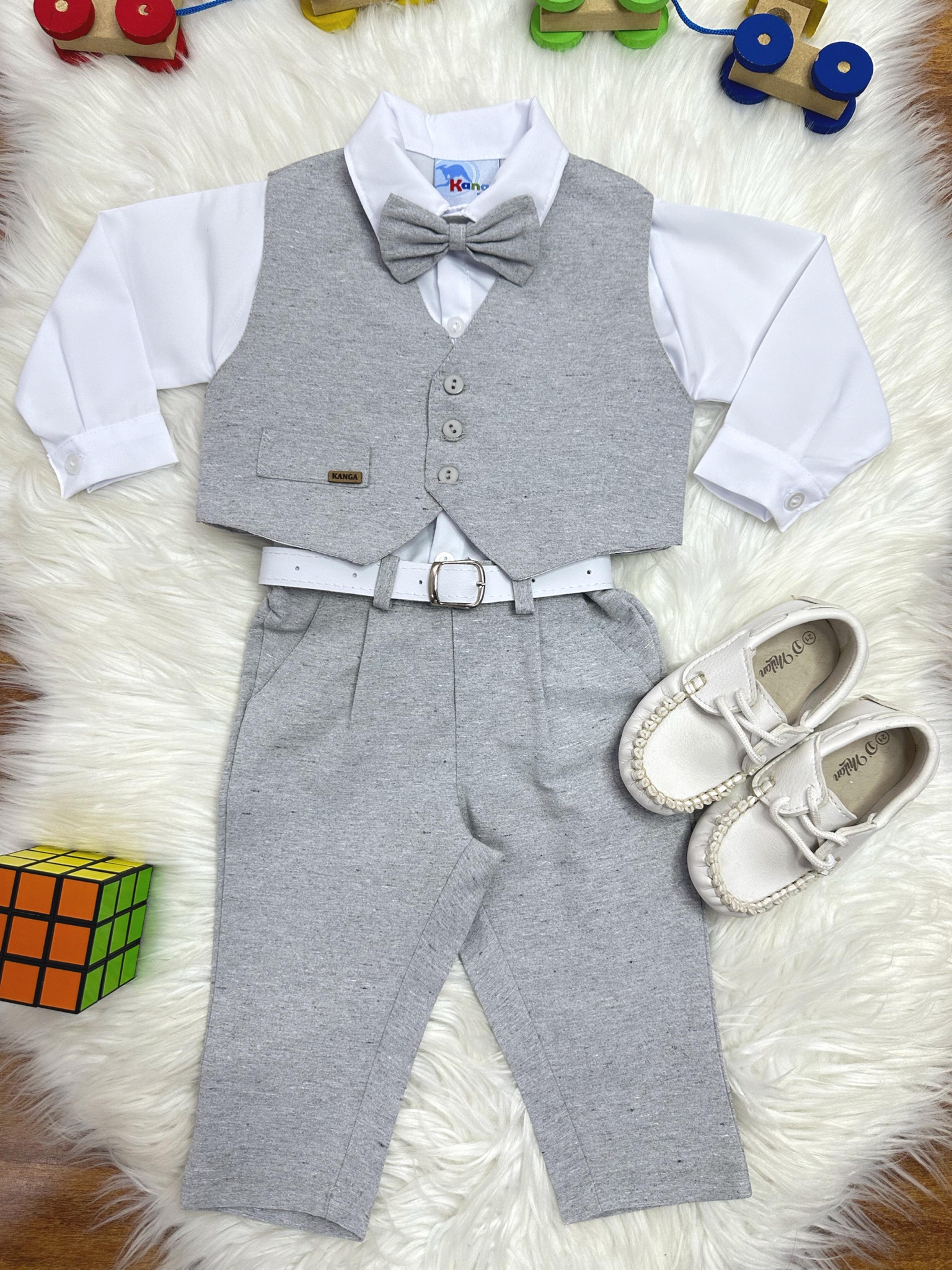 Conjunto Social Bebê Camisa Branca Calça Gravata e Colete Cinza