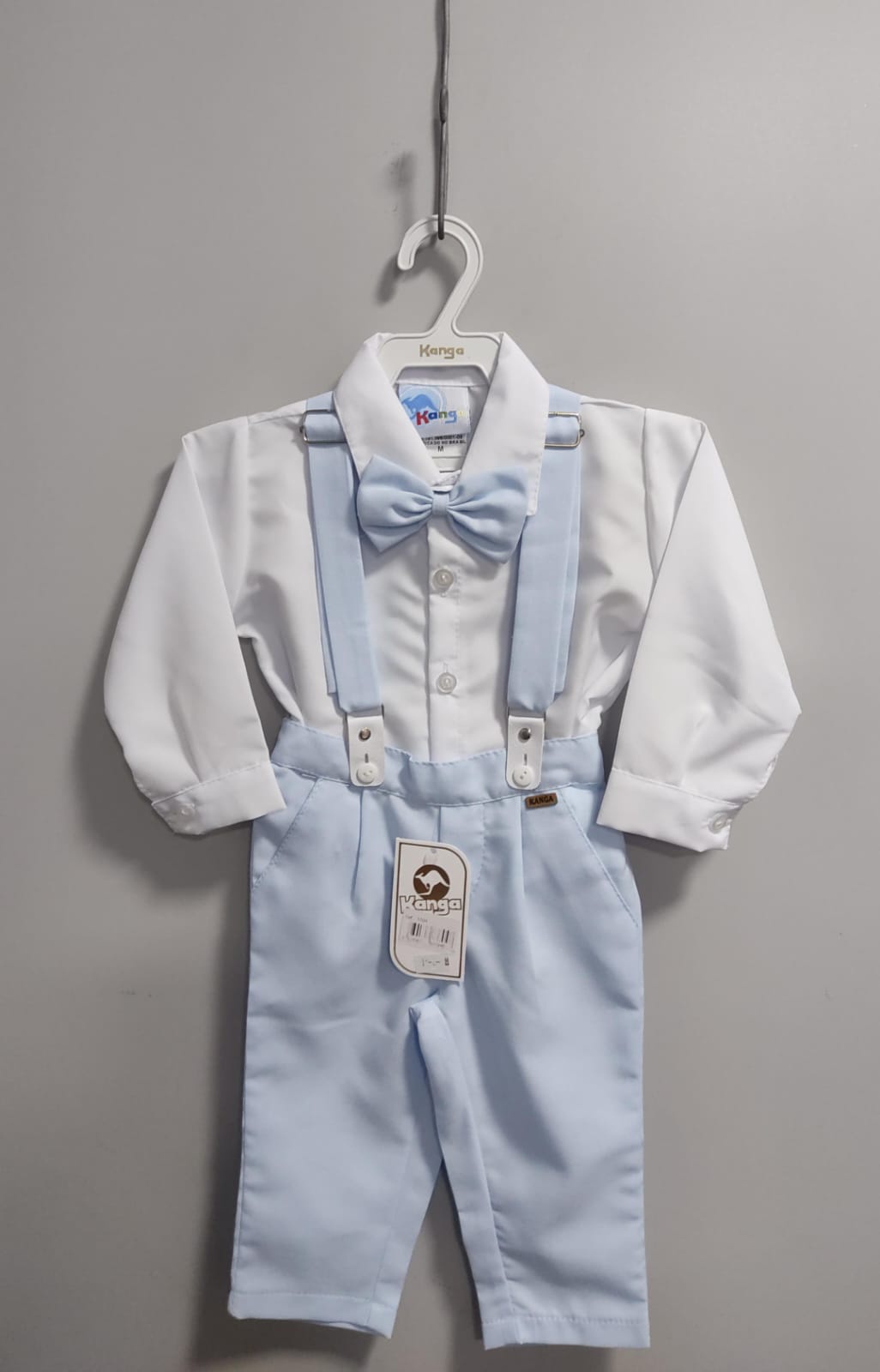 Conjunto Social Bebê Camisa Branca Calça Gravata e Susp. Azul