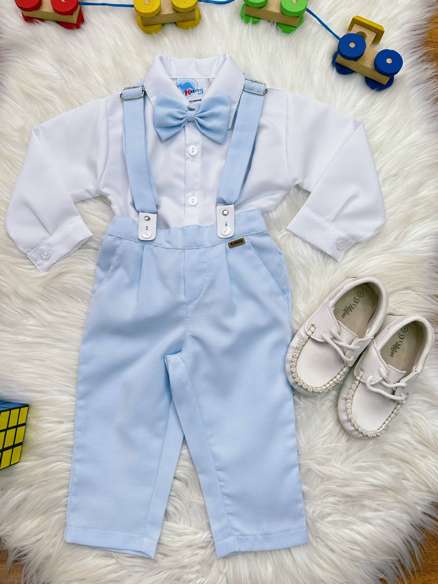 Conjunto Social Bebê Camisa Branca Calça Gravata e Susp. Azul