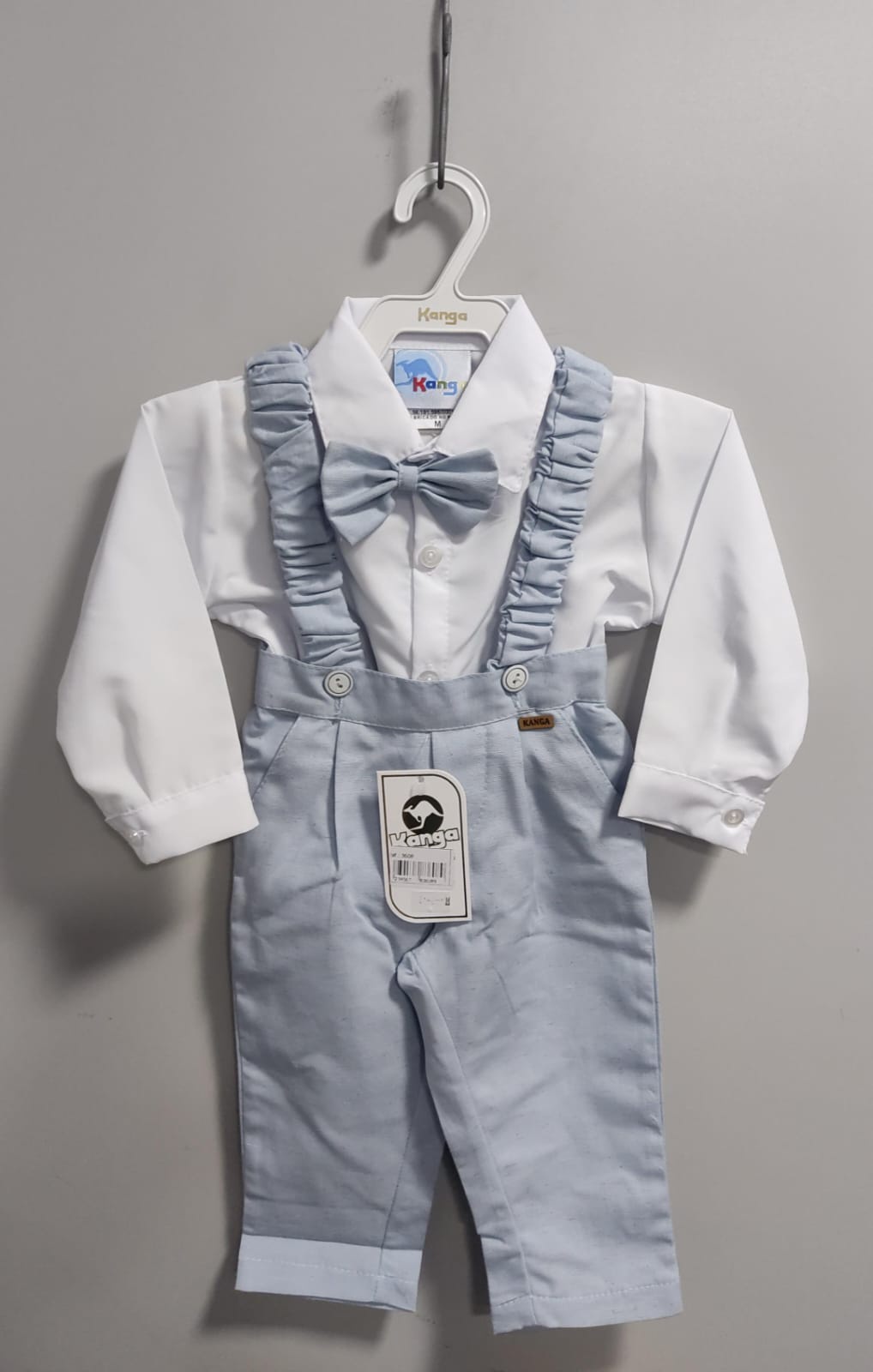 Conjunto Social Bebê Camisa Branca Calça Susp. e Gravata Azul