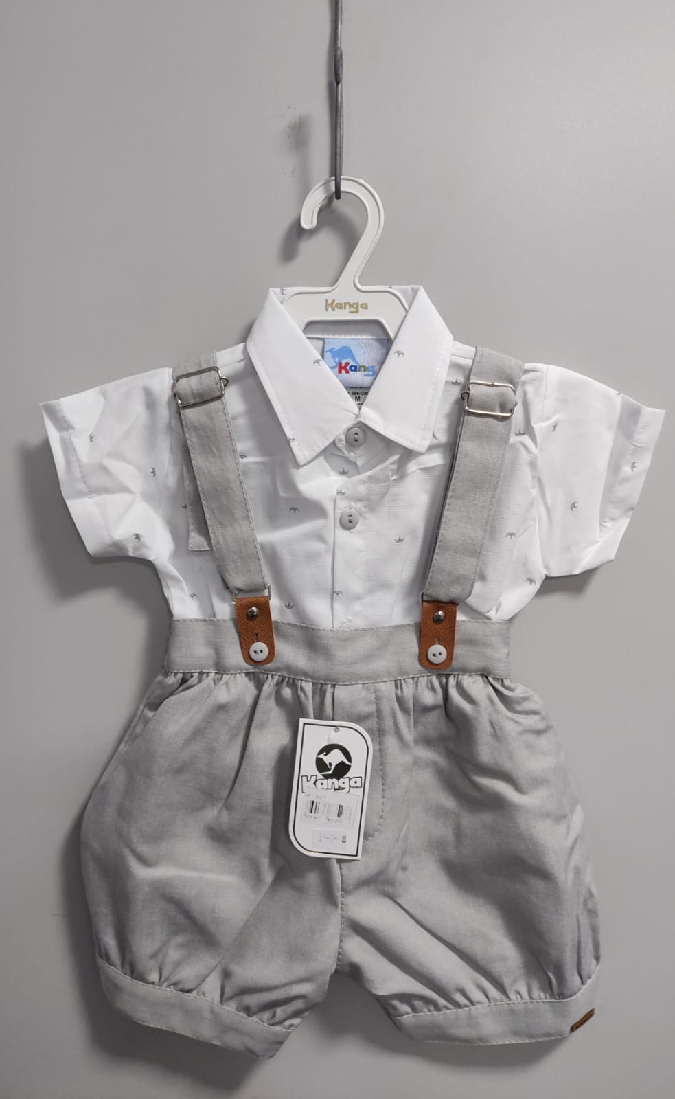 Conjunto Social Bebê Camisa Branca Short Gravata e Susp. Cinza