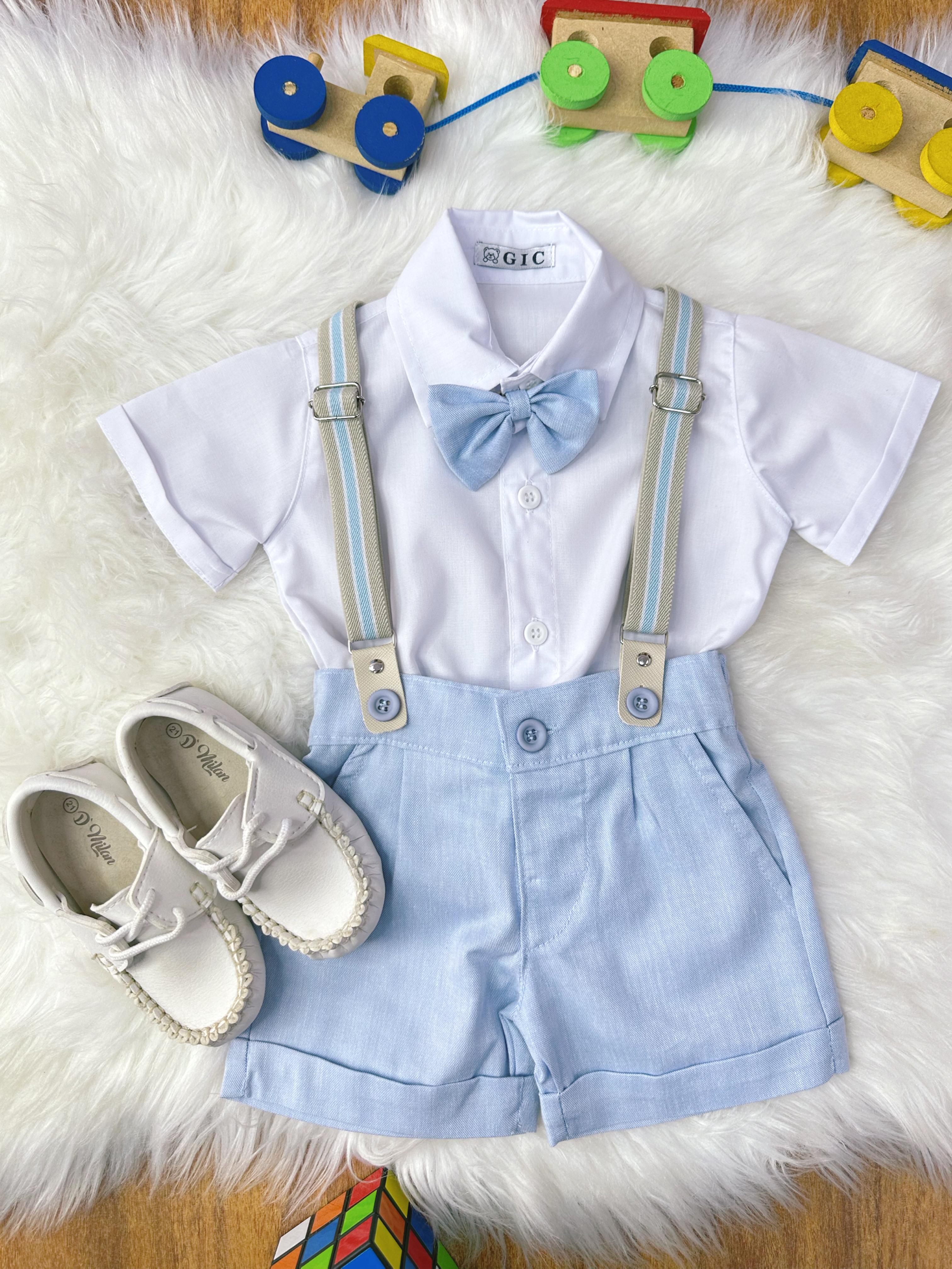 Conjunto Social Bebê Short Susp. Azul Claro e Camisa Branca