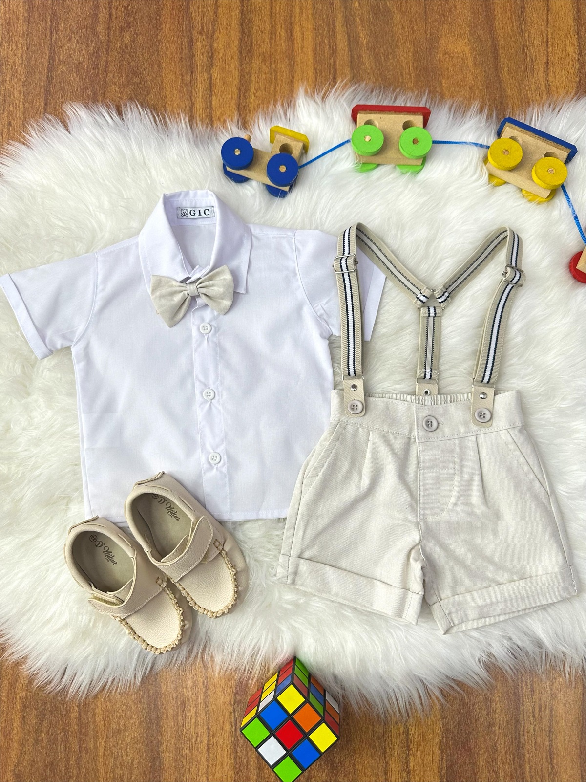 Conjunto Social Bebê Short Susp. Bege Claro e Camisa Branca