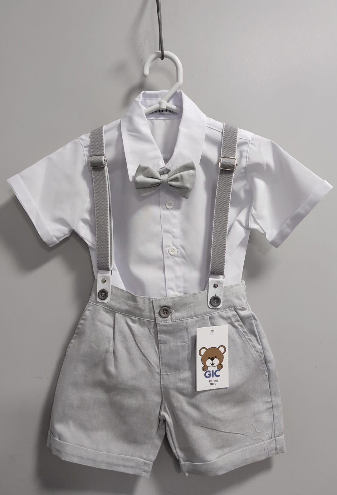 Conjunto Social Bebê Short Susp. Cinza Claro e Camisa Branca