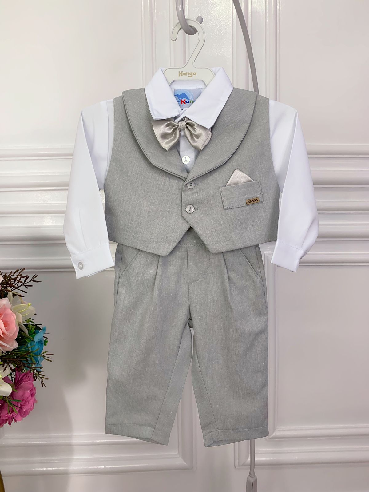 Conjunto Social Calça Camisa Colete Gravata Susp. Cinza PMG