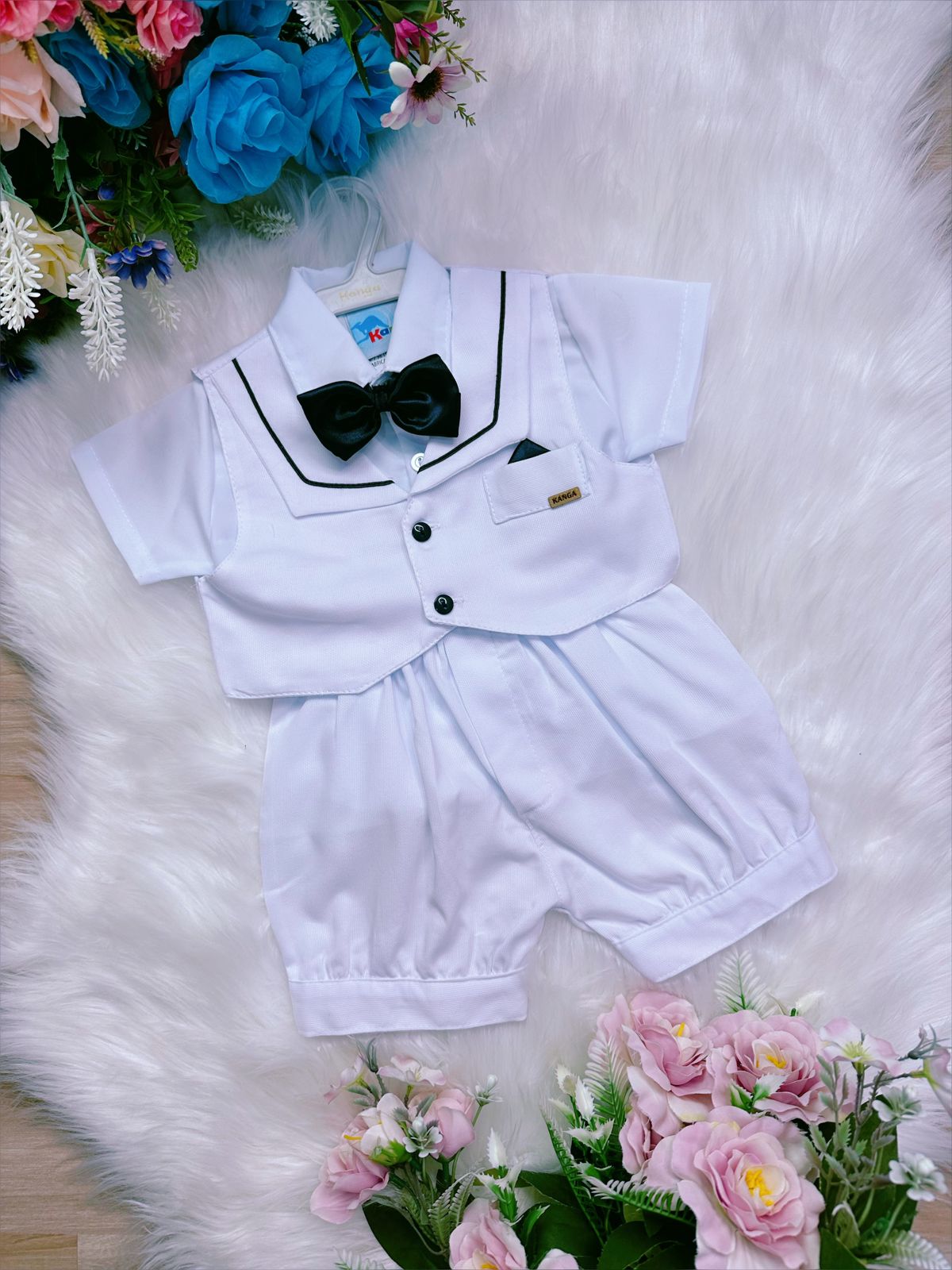 Conjunto Social Camisa Susp. Colete Gravata e Short Branco