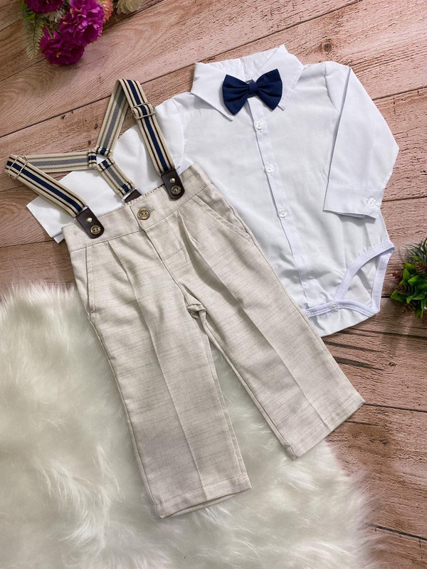 Conjunto Social Meninos Palha Camisa Branca Susp. e Gravata