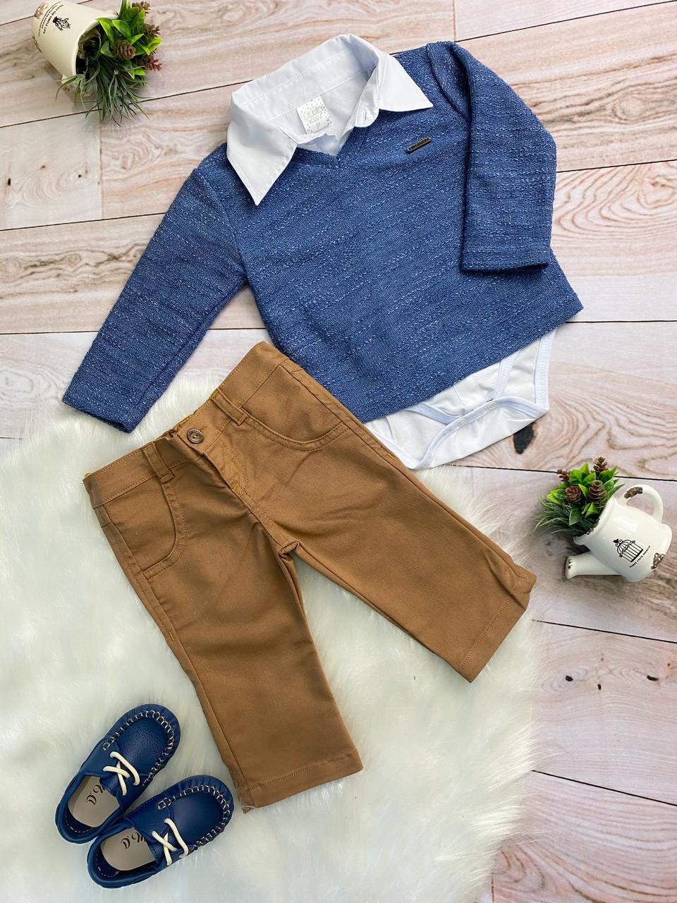 CONJUNTO SOCIAL MENINOS SUETER CAMISA CALÇA GRAVATA E SUSPEN.