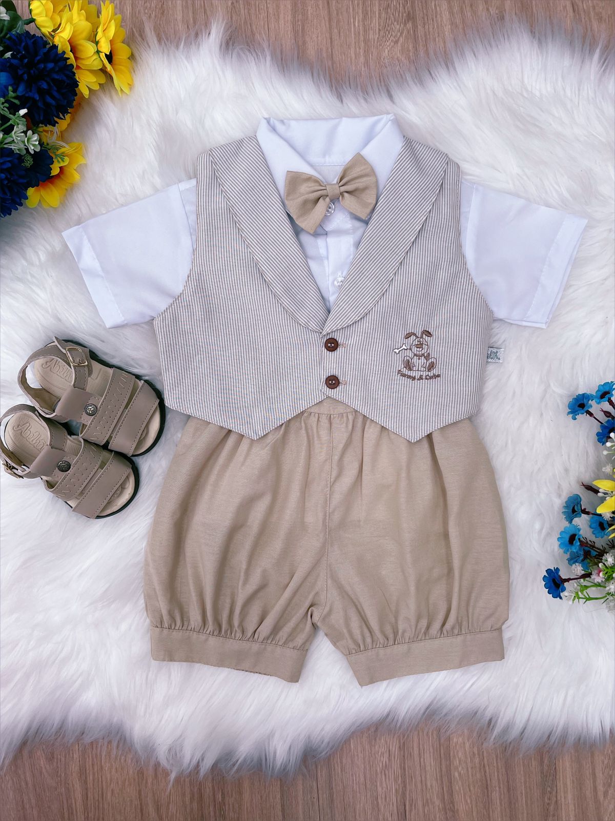 Conjunto Social Short Camisa Gravata Bege Toys