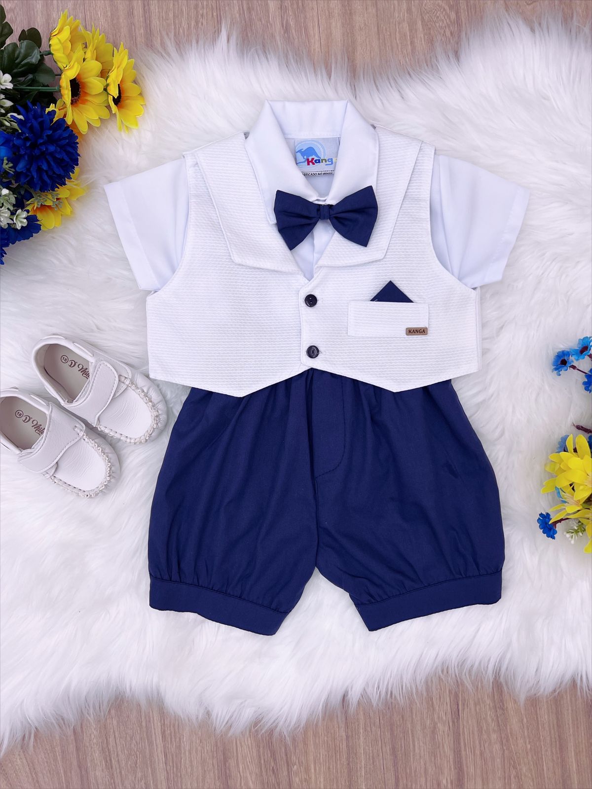 Conjunto Social Short Camisa Gravata Suspensório Branco