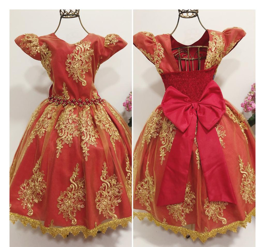 Vestido Infantil Vermelho Realeza Renda Dourada Luxo Festas