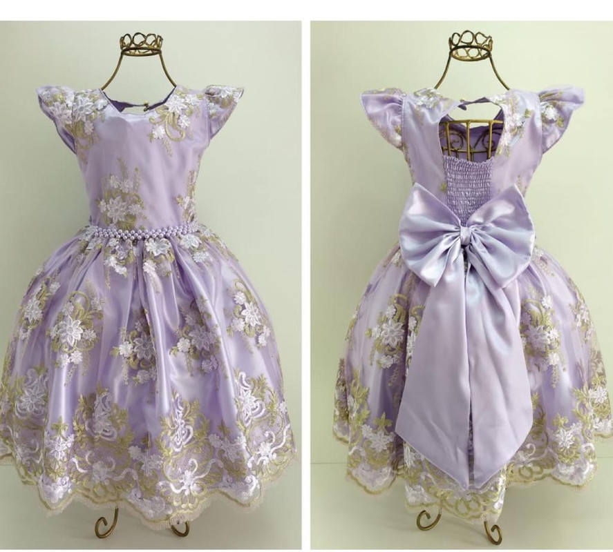 Vestido Infantil Lilás Renda Luxo Cinto Pérolas Princesas