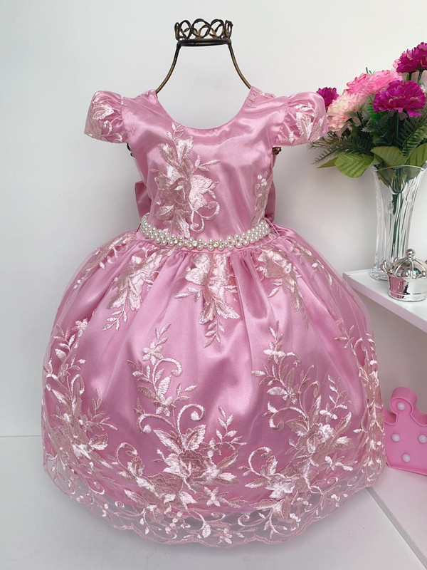 Vestido Infantil Rosê Realeza Renda Princesa Luxo Festa - Rosa Charmosa  Atacado